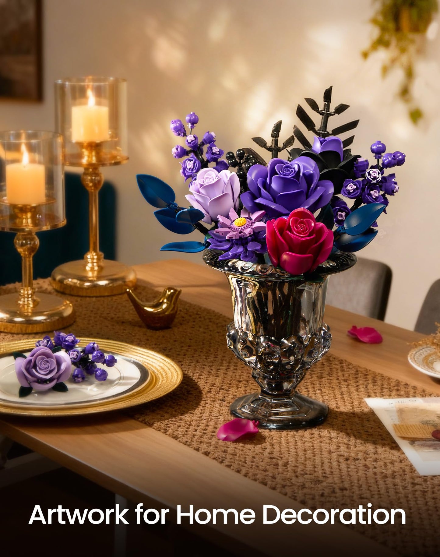Purple Flower Bouquet Building Set, Rose Botanical Collection Blocks Kit Compatible with Lego for Adults Women, Artificial Flowers Gothic Decor for Valentines Day (736PCS)