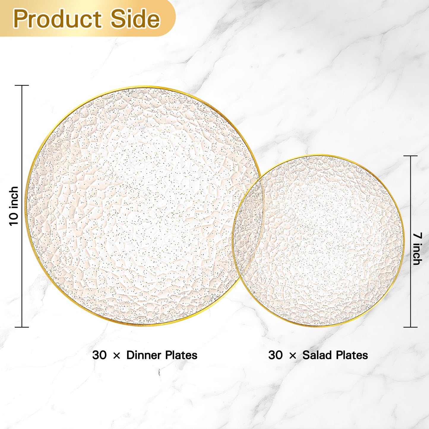 Rubtlamp 60Pcs Clear Gold Plastic Plates, Gold Glitter Disposable Plates, Hammered Plastic Plates Included 30 Dinner Plate And 30 Dessert Plates for Party
