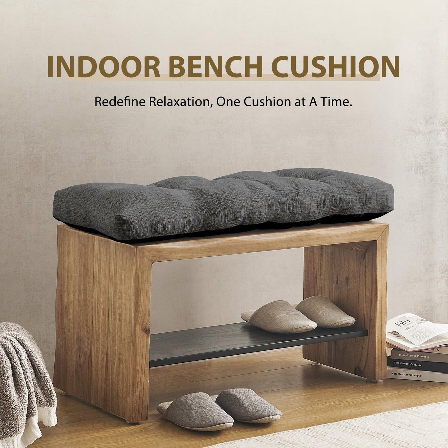 downluxe Indoor Bench Cushion for Indoor Furniture, Non-Slip Tufted Overstuffed Textured Foam Bench Seat Cushion, 36" X 14" X 4", Dark Grey, 1 Pack