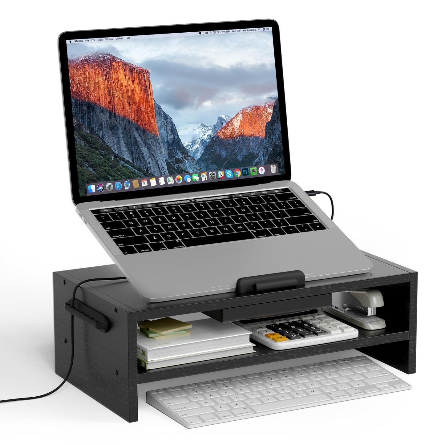 AFOOYO Adjustable Wood Laptop Stand, Ergonomic Height Angles Computer Holder Riser for Desk Compatible with Air, Pro, Dell, HP, Lenovo More 10-17.3" Laptops, Black