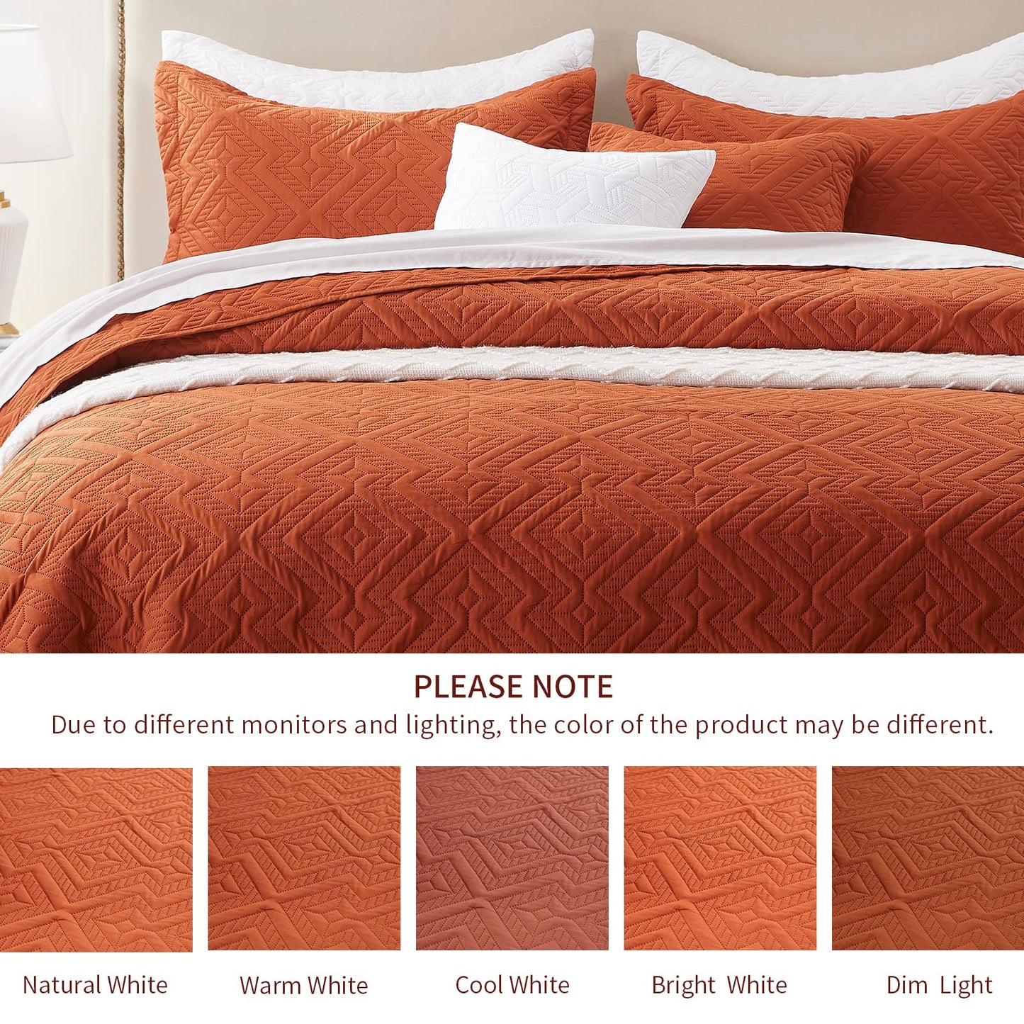 LEAONME Full/Queen Quilt Set 3 Pieces, Lightweight Burnt Orange/Rust Bedspread-90''x98'', Soft Microfiber Summer Quilt, Luxurious Warm Coverlet Set for All Seasons (Includes 1 Quilt, 2 Shams)