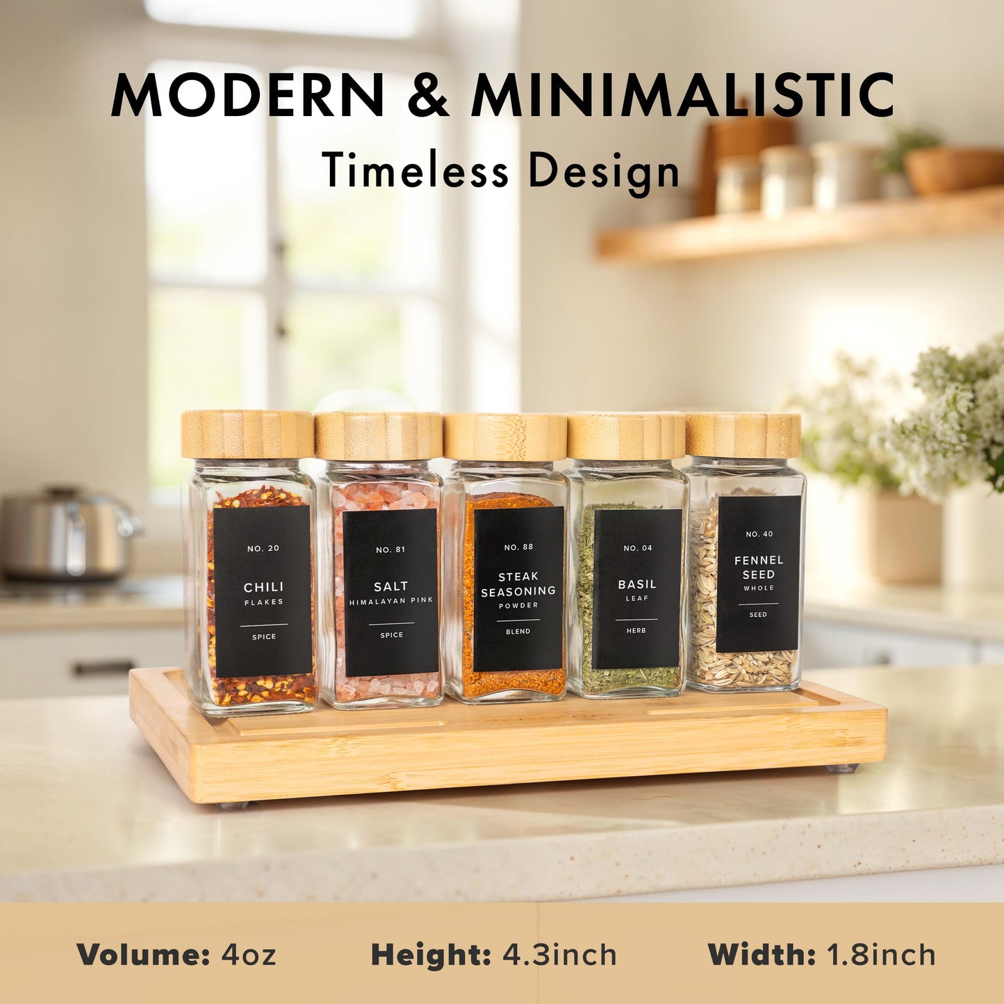 EDELHAUS® Square Spice Jars with Bamboo Wooden Lid (Pack of 24) Spice Jars with Shaker Insert and 240 Labels - Bamboo Lid Glass Container for Spice Organisation [4.3 in × 1.8 in]