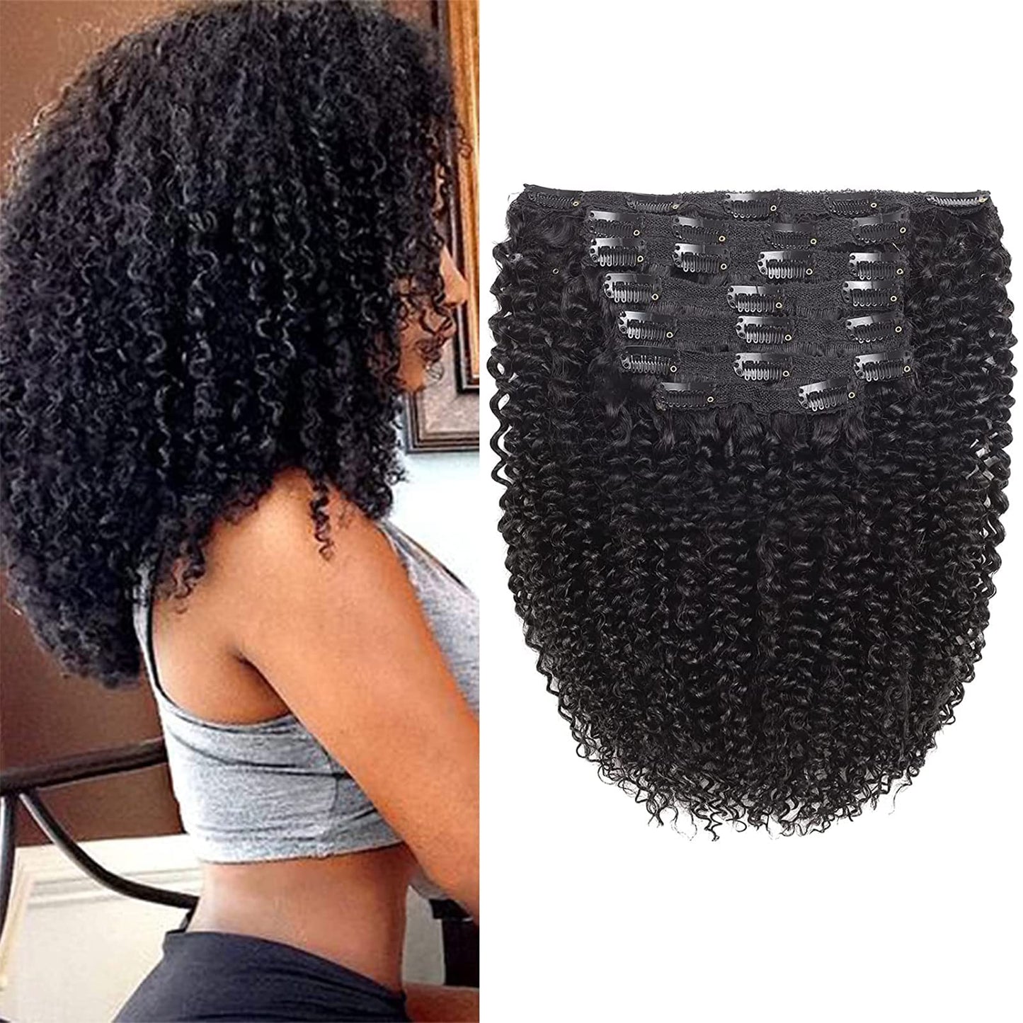Rolisy Kinky Curly Clip In Hair Extensions Human Hair 20 Inch Curly Hair Extensions Clip In Human Hair for Black Women 3C 4A 4B Afro Kinky Curly Hair Clip Ins Soft Brazilian Remy Hair Thick Ends