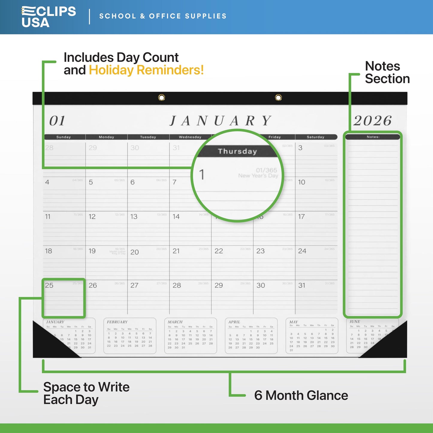 Desk Calendar 2026-2027 Large 22x17 Desk Calendar Jan 2026 - Jun 2027 Desk Blotter To-do List Planner (Black & White 6 Pack)