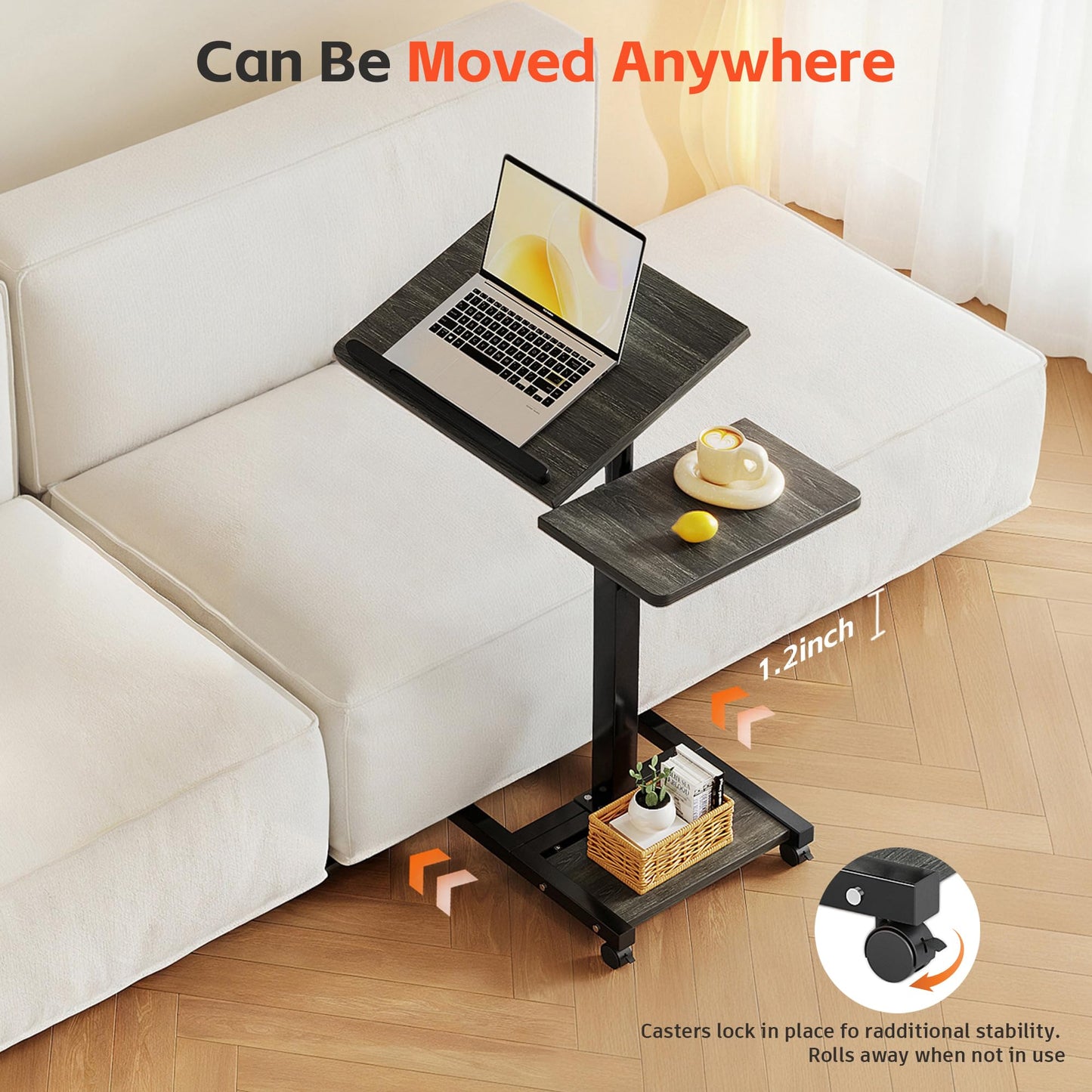 Laptop Desk Stand for Bed Portable Desk Overbed Bedside Mobile Laptop Table Rolling Foldable Table Adjustable Height with Locked Wheels & Mouse Pad for Office Sofa (Dekuwood Black)