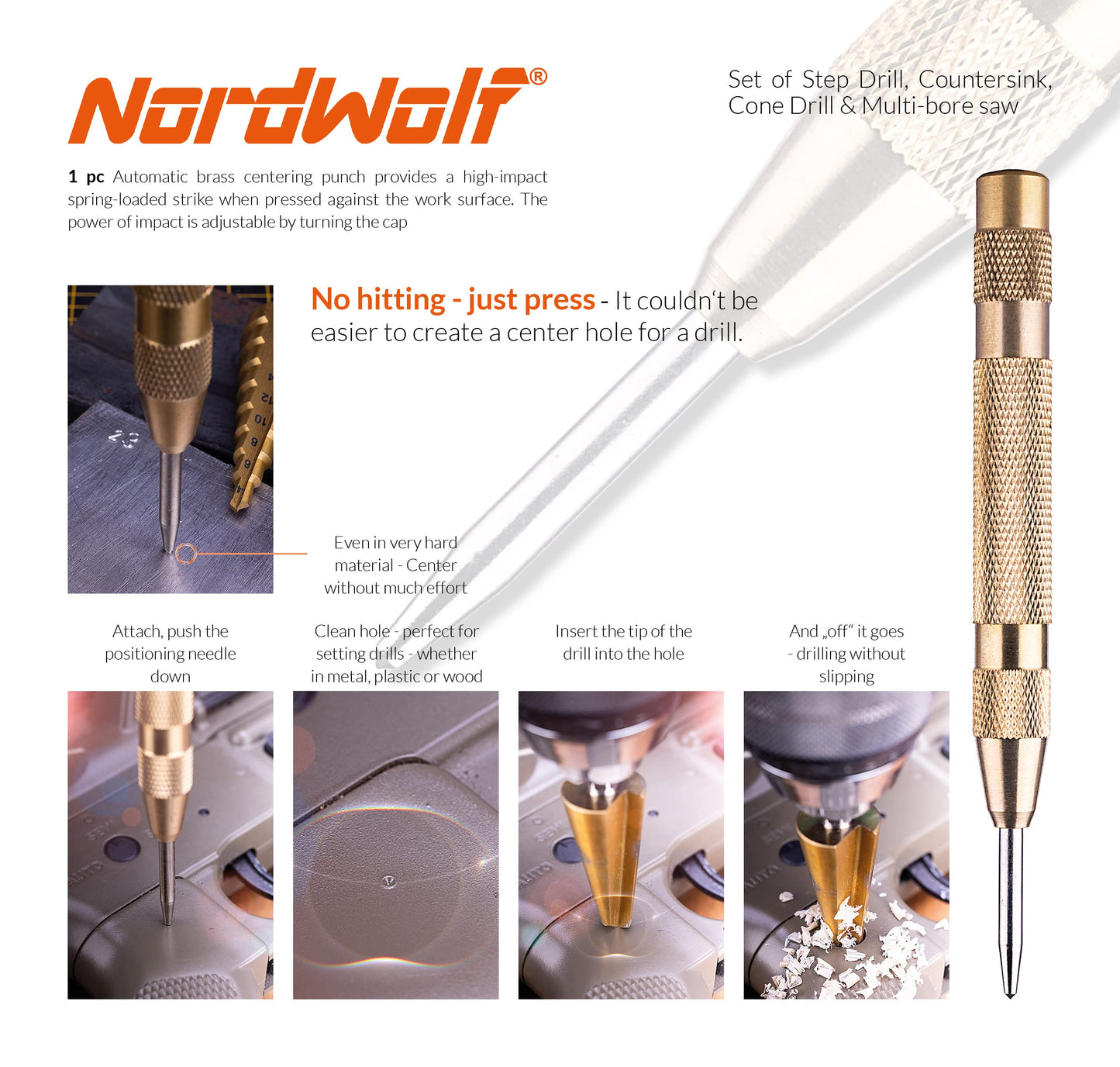 NordWolf 12-Piece HSS Titanium Metric Step, Countersink, Cone Drills with 1/4" Hex Shank, Multi Drill Saw & Automatic Center Punch Set in Storage Case