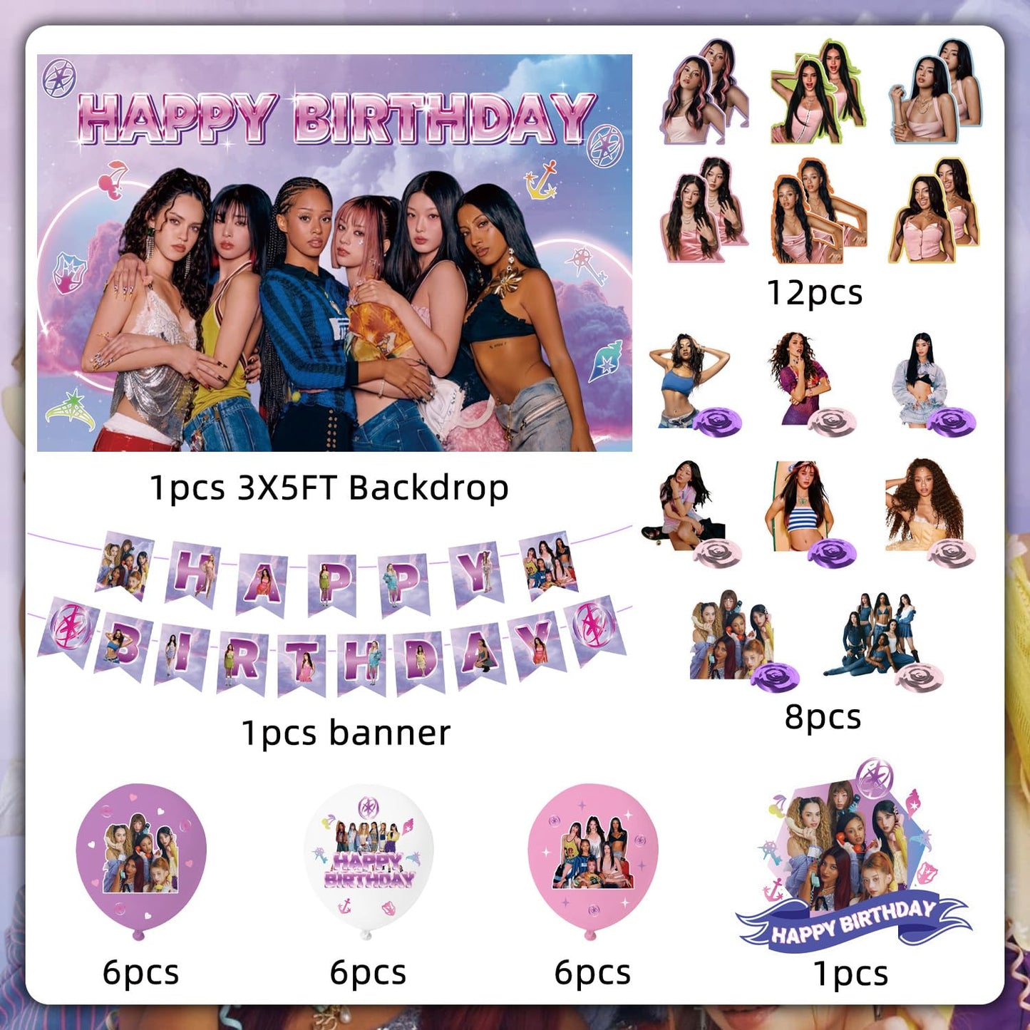 Birthday Party Decorations, Purple Pink Party Supplies Set with Happy Birthday Banner, Backdrop, Balloons, Hanging Swirls Cake Toppers and Cupcake Toppers for Fans Birthday Party