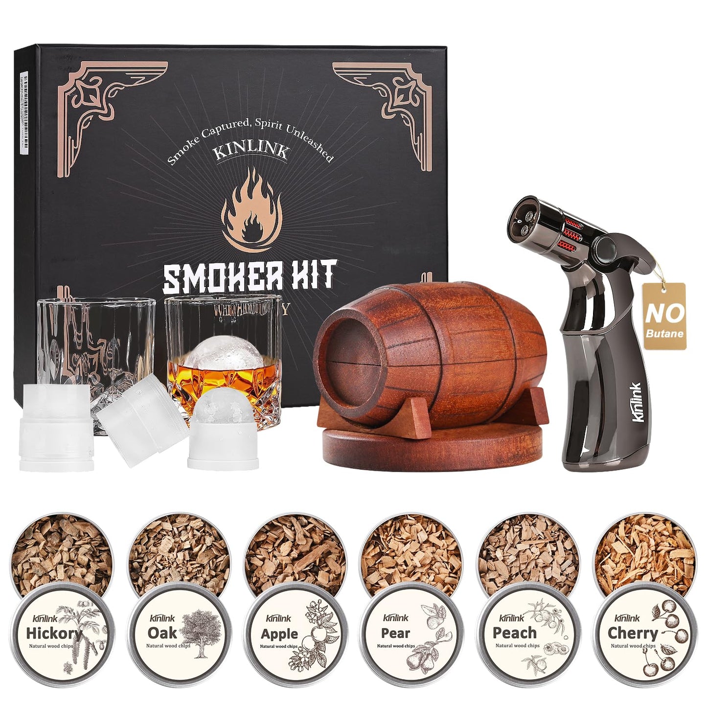 Whiskey Smoker Kit with Torch - No Butane, 6 Flavors Wood Chips, 2 Whiskey Glasses, 2 Round Ice Cube Mold, Old Fashioned Smoker Kit Cocktail Smoker Drink Smoke, Anniversary Birthday Gifts for Men Dad