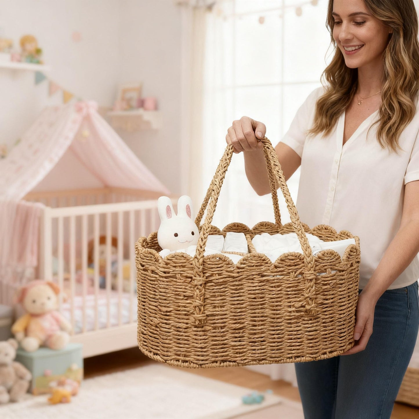 wwmayfeel Diaper Caddy Organizer, Paper Rope Storage Baskets Nursery Bin with Removable Divider, Portable Car Organizer for Diapers, Baby Shower Gifts, Newborn Essentials Must Haves