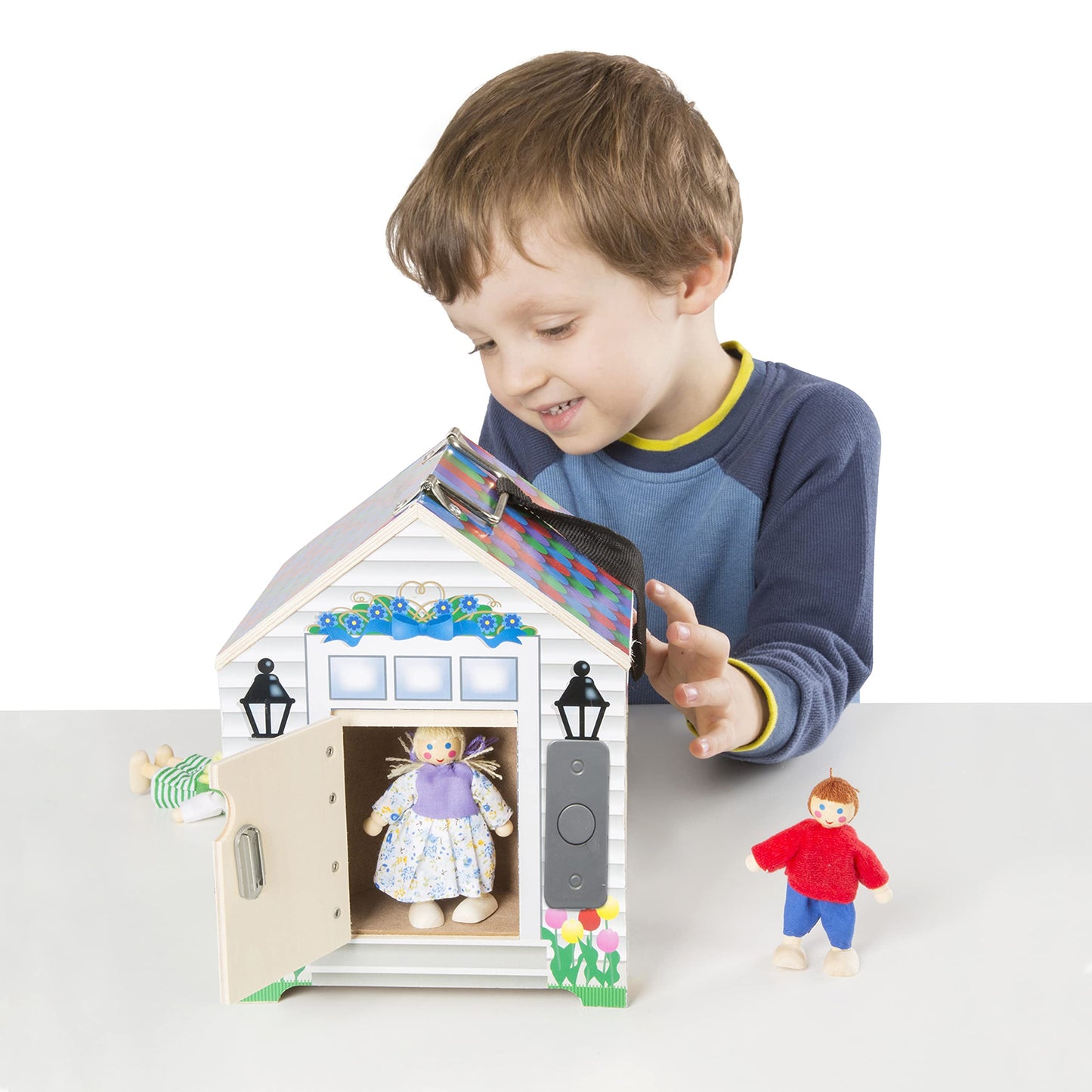 Melissa & Doug Take-Along Wooden Doorbell Dollhouse - Doorbell Sounds, Keys, 4 Poseable Wooden DollsPortable Doll House, for Kids Ages 3+