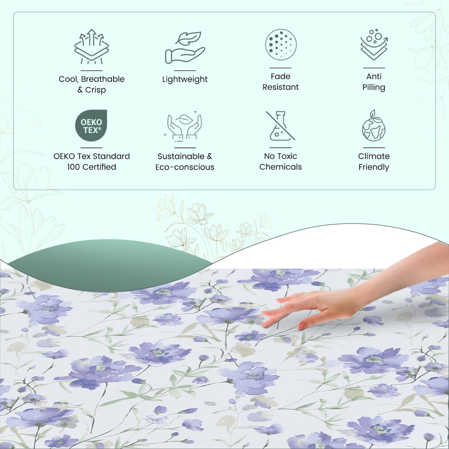 Feather & Stitch Softest 100% Cotton Sheets, 300 Thread Count Percale Weave Bedding, 16" Deep Pocket, Cooling Sheets, Breathable Bed Set, Hotel Premium Quality (Queen, Violet Breeze)