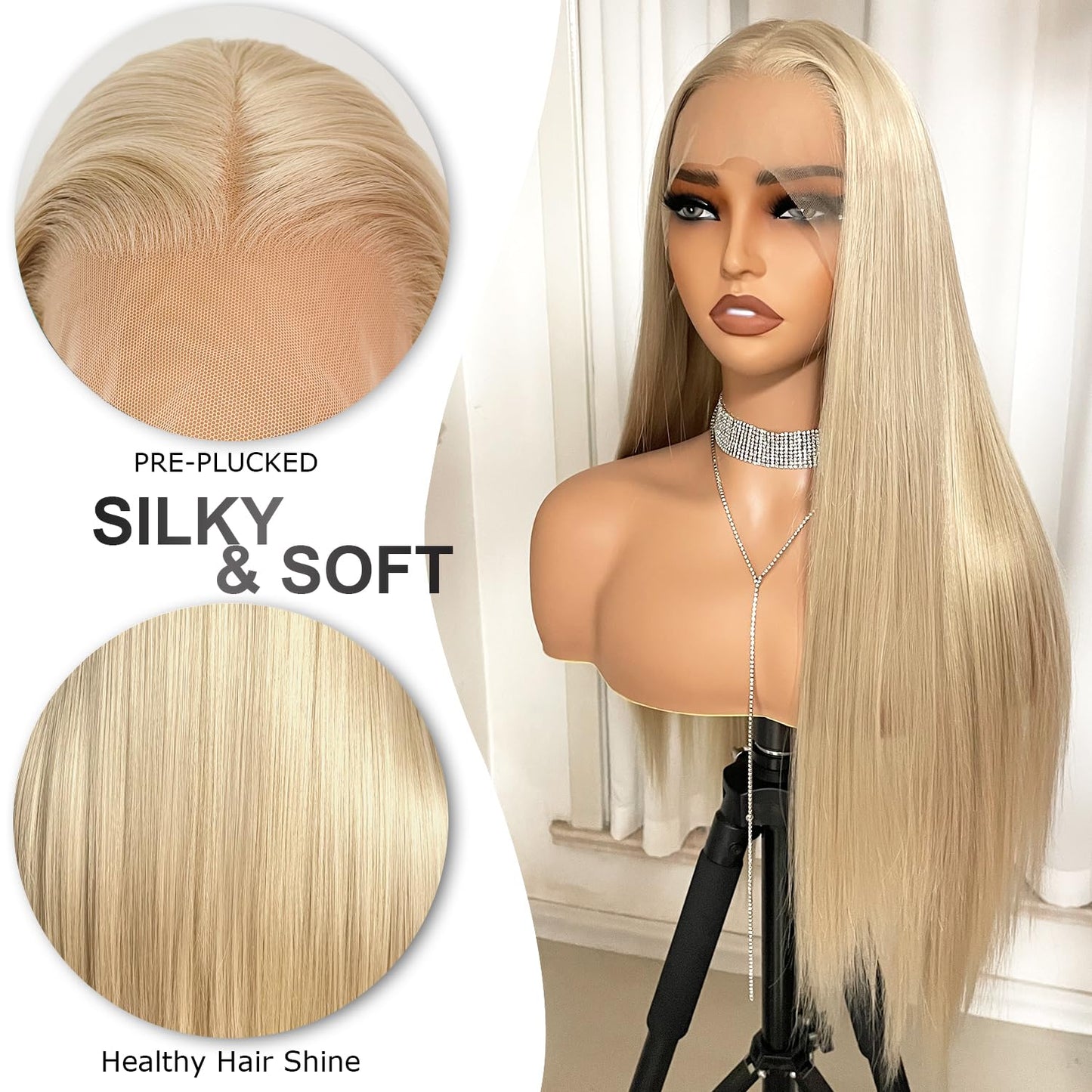 JPIKAQIU Ash Blonde Lace Front Wigs Pre Plucked Long Straight Lace Front Wig Natural Hairline Ash Blonde Colored Synthetic Lace Front Wigs for Women Heat Resistant Fiber Hair