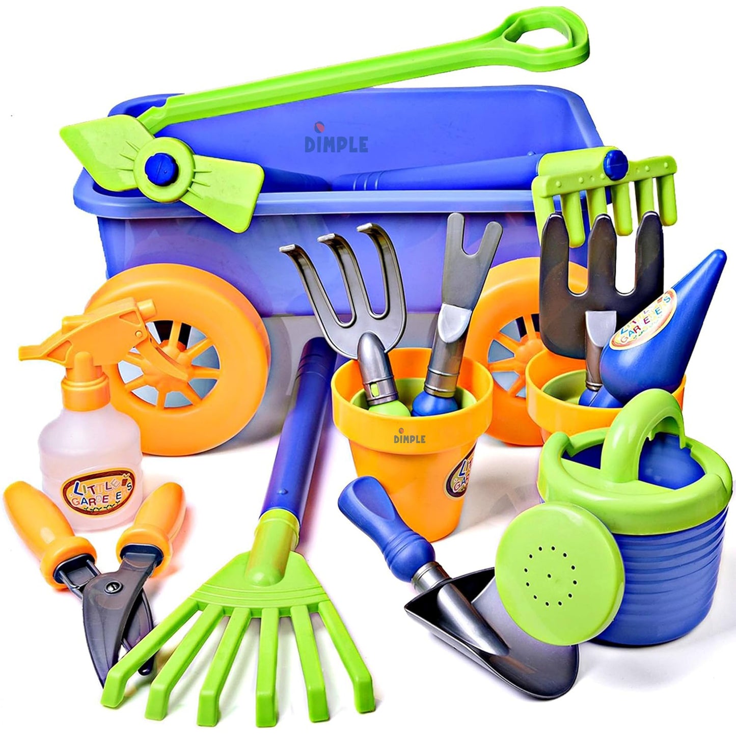 Dimple Garden Wagon & Tools Toy Set Premium 15 Pcs Kids Gardening Tools & Wagon Toy Set - Sturdy & Durable - Top Yard, Beach, Sand, Garden Play Set - Great for Kids & Toddlers