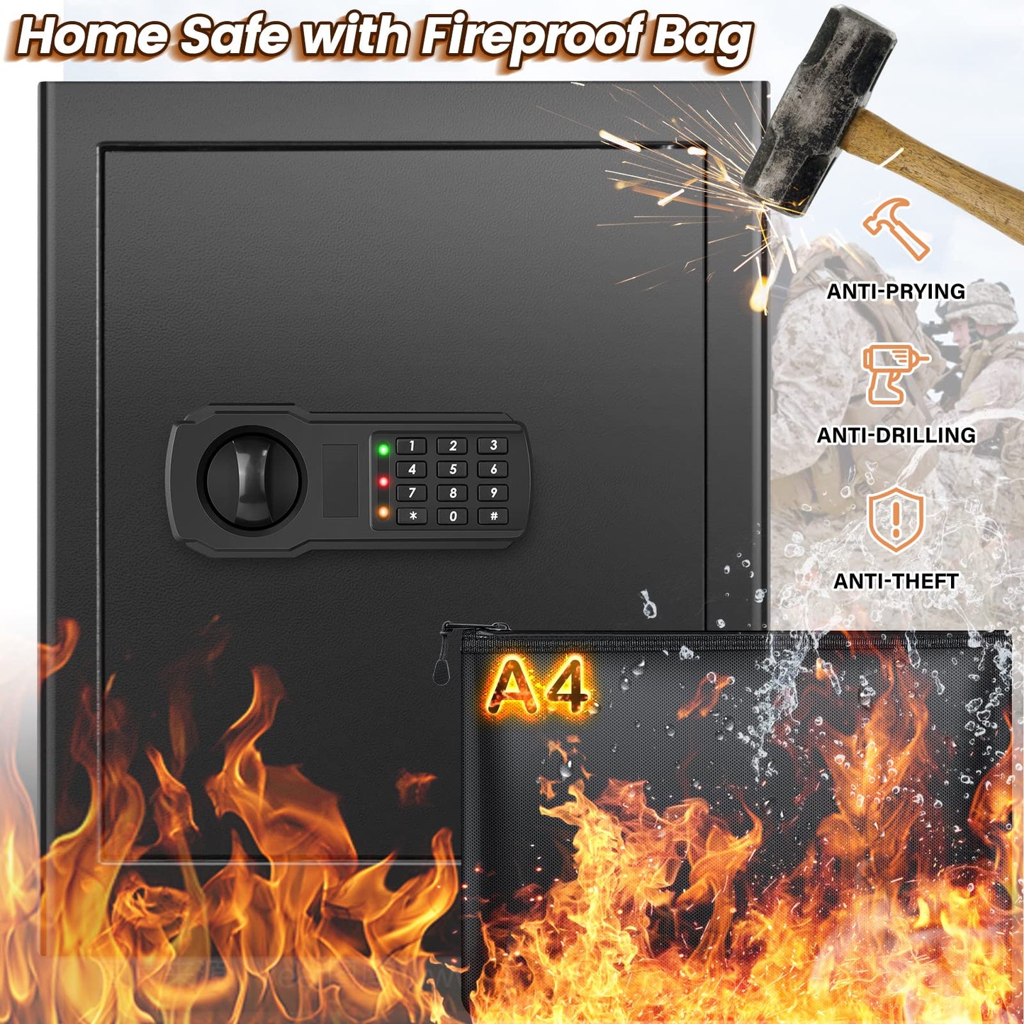 2.8 Cu Ft Large Fireproof Safe Boxes for Home Use, Large Home Safe with A4 Fireproof Document Bag & Mute Function, Combination Lock Box for Money Firearm Medicine Document