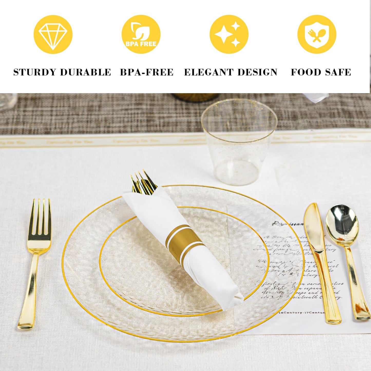 HOMIP 350 PCS Plastic Dinnerware Set (50 Guests), Clear Party Plates Include 50 Dinner Plate, 50 Dessert Plate, 50 Cups, 50 Gold Cutlery Set And Pefect for Party and Wedding