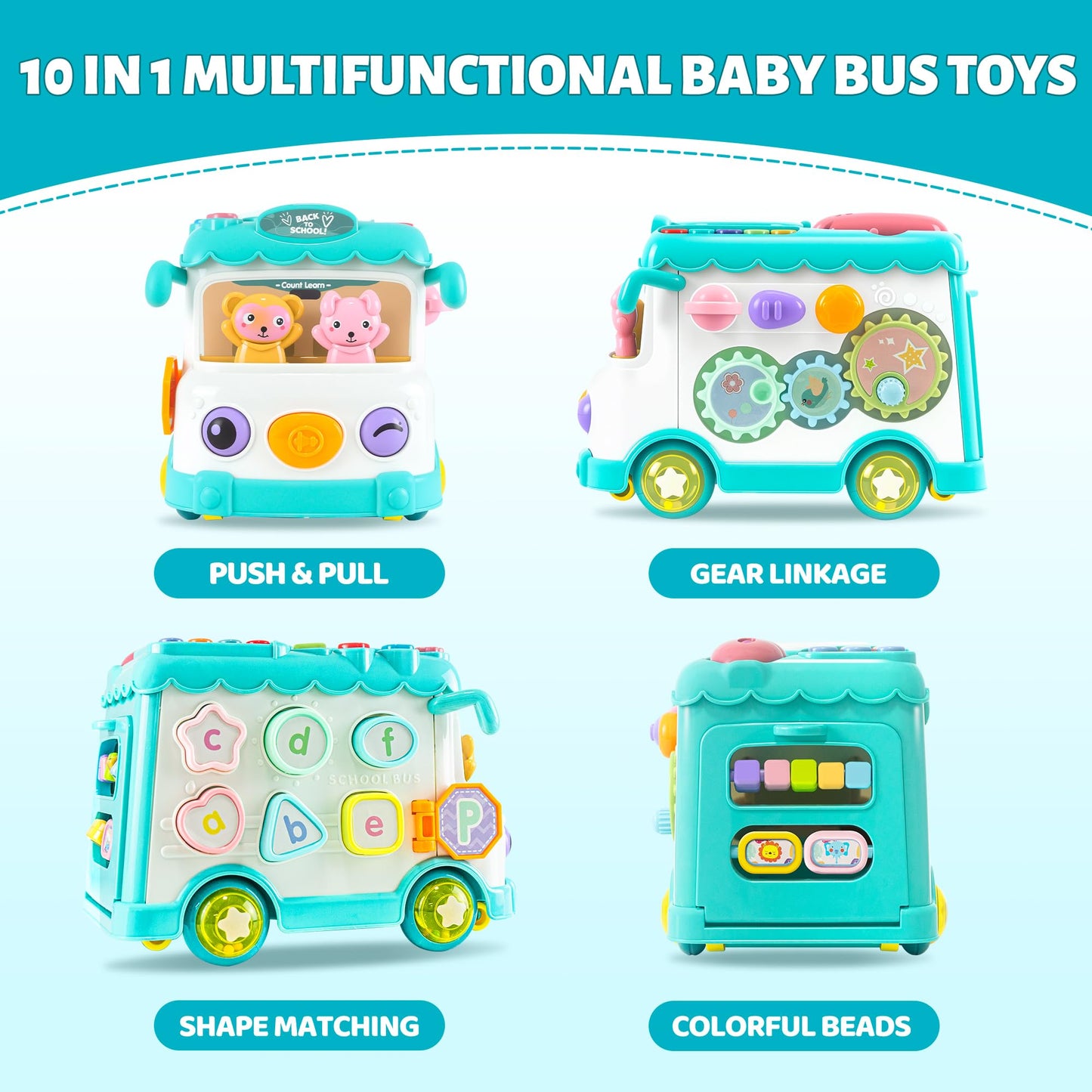iFaveorr - Toy for 1 Year Old Montessori Toy, 10-in-1 Baby Bus 6-12-18 Months, Educational Toy for Children from 1 to 2 Years, First Gift