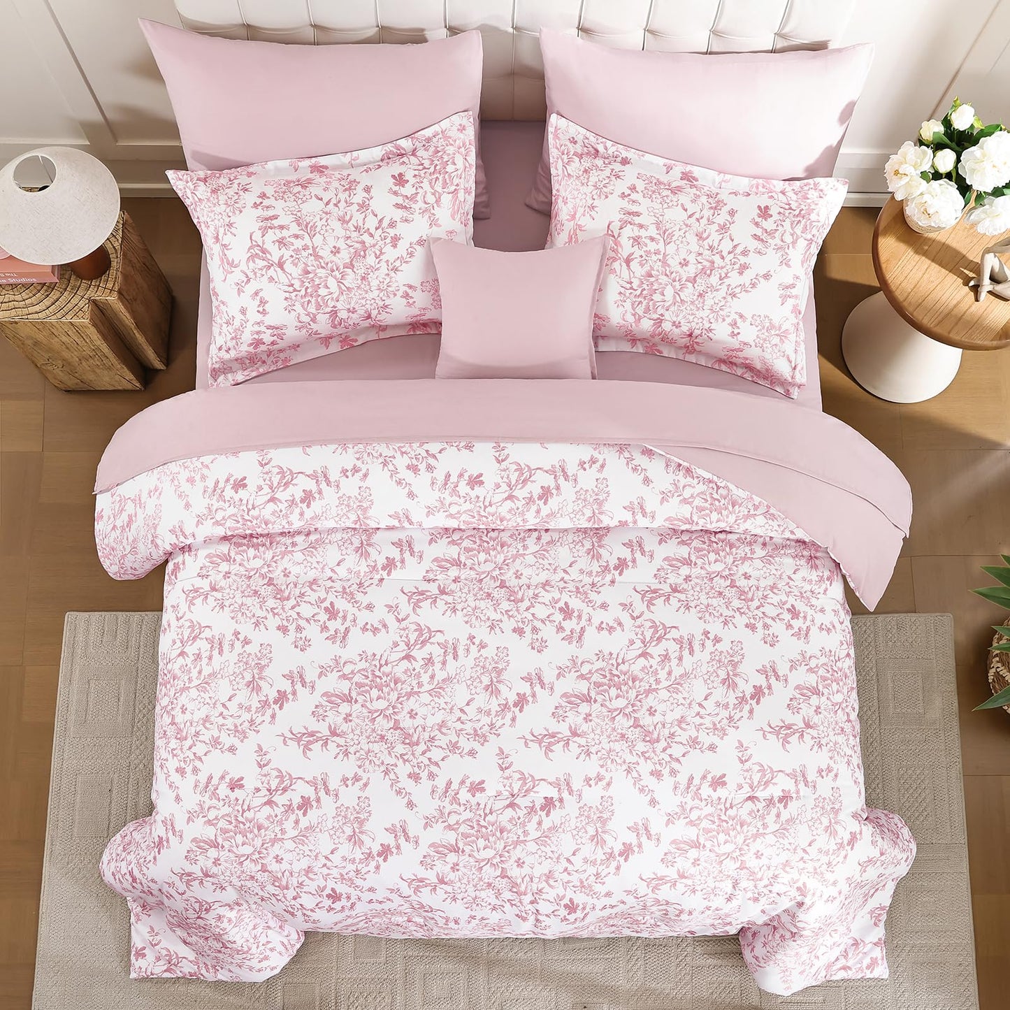 WONGS BEDDING Queen Size Comforter Set, 8 Pieces Pink Floral Bed in a Bag Comferter Sets, Botanical Print Soft Fluffy Microfiber Complete Bedding Sets for All Season (90"x90")
