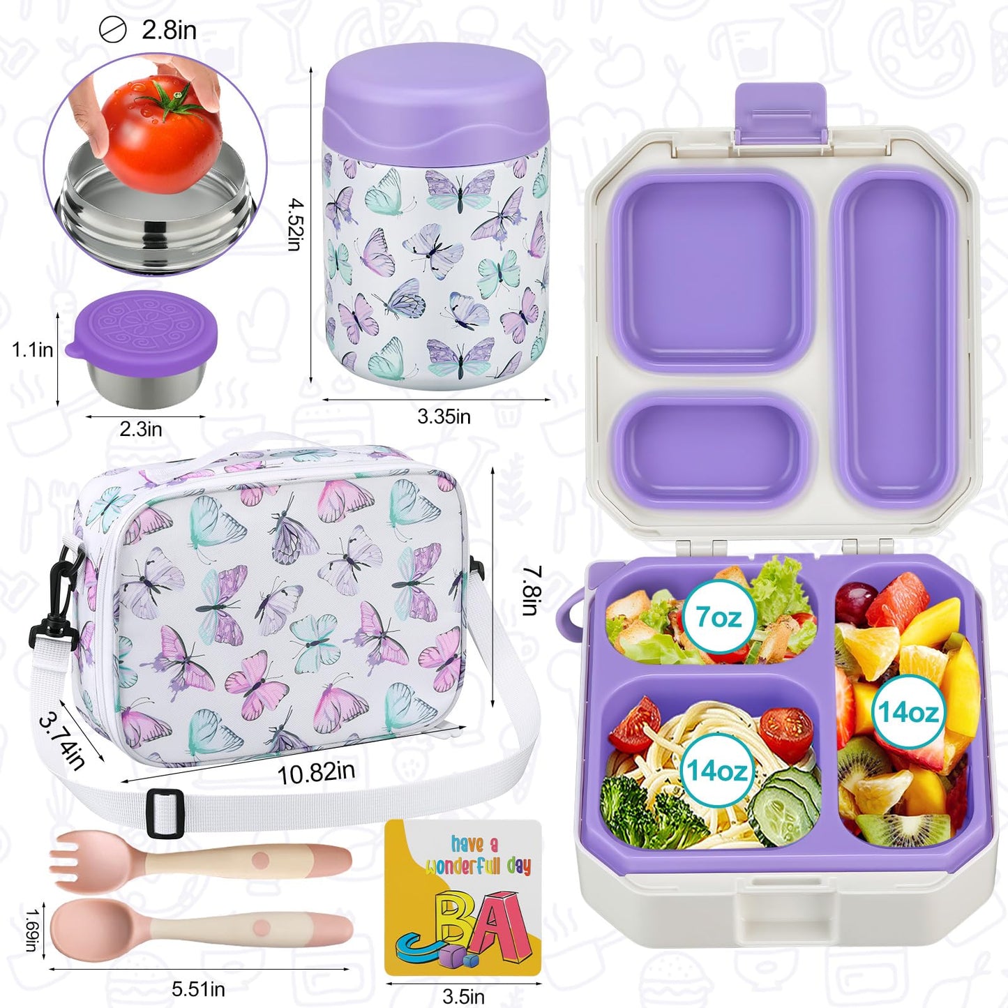 wiwens Bento Lunch Box for Kids with 12oz Soup Thermo Leak-Proof Lunch Food Container with 5 Compartment Thermo Hot Food Jar and Insulated Lunch Bag for Kid Toddler Girls Boys to School