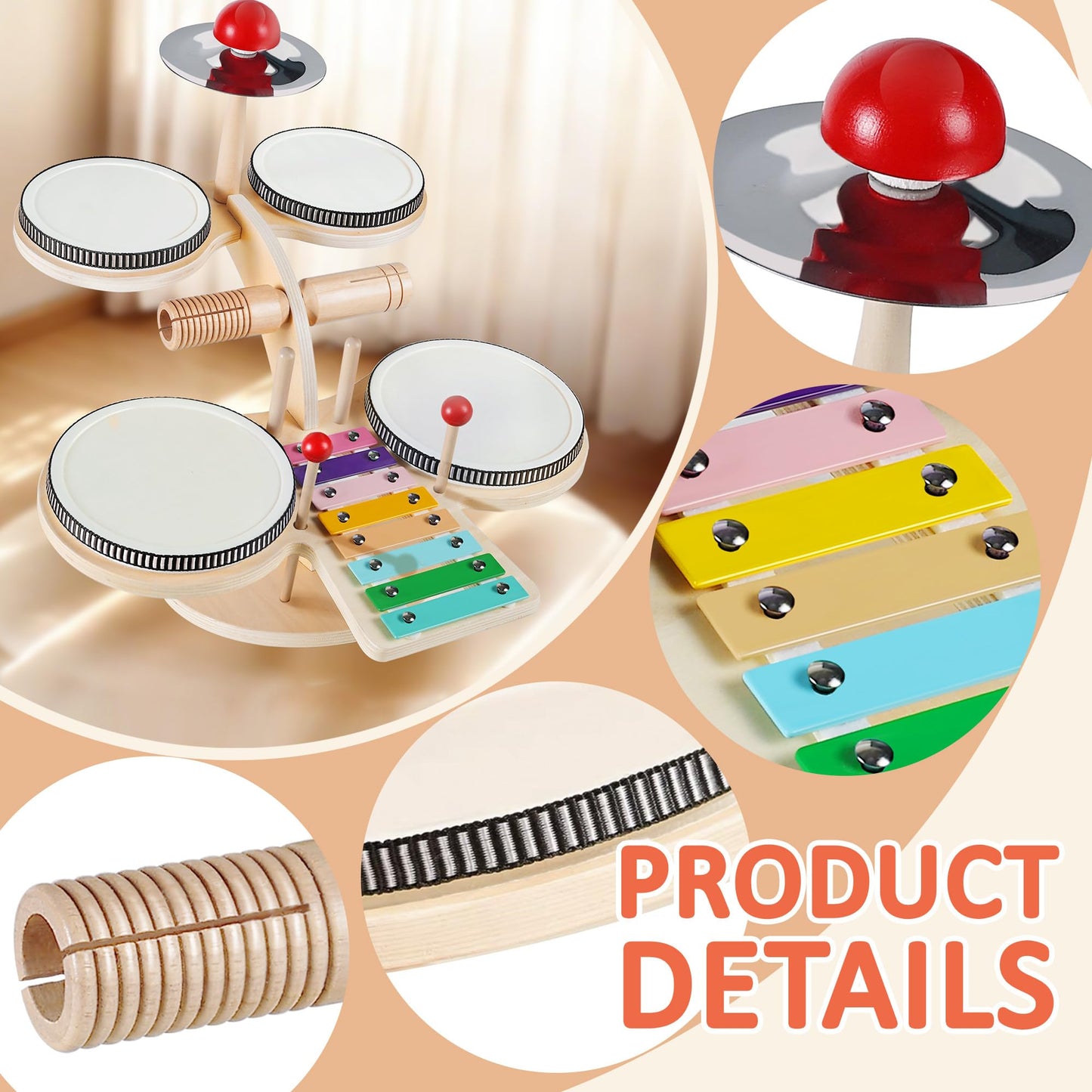 iPlay, iLearn Toddler Wooden Drum Set, Kids Musical Instruments Toy, 8 in 1 Percussion Drum Kit W/Xylophone Cymbal, Baby Montessori Learning Birthday Gifts for 18 Month, 2 3 4 5 6 Year Old Boy Girl