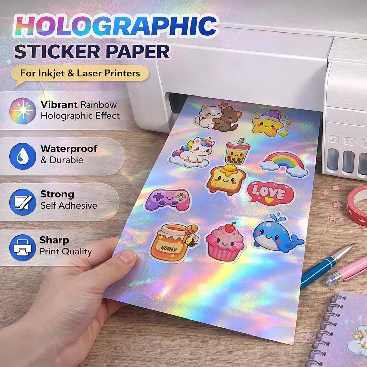 100 Sheets Holographic Sticker Paper 8.5x11 Inch Printable Waterproof Sticker Labels Rainbow Vinyl Sticker Paper for Inkjet or Laser Printer