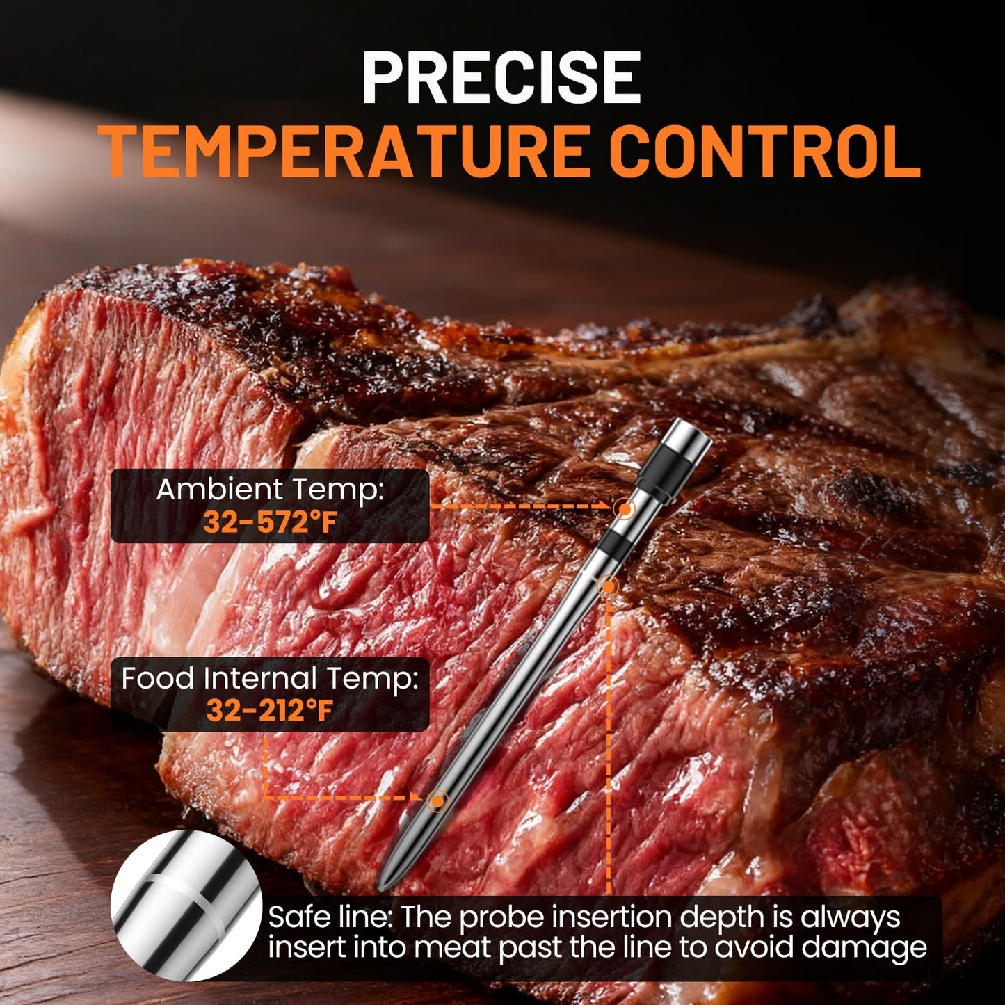 Smart Bluetooth Wireless Meat Thermometer, Real-Time Monitoring Control Digital Thermometer with Smart App, 2 Meat Probes IP67 Waterproof High Accuracy Perfect for BBQ, Oven, Grill & Smoker