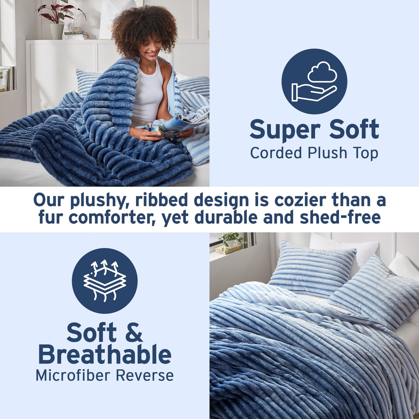 Intelligent Design Queen Comforter Set, Plush Bedding, Microfiber Reverse, 3 Piece, Lightweight, Super Soft Ribbed Velvet Comforter 2 Shams, All Season Fluffy Bed Set, Avril, Full/Queen Blue Ombre