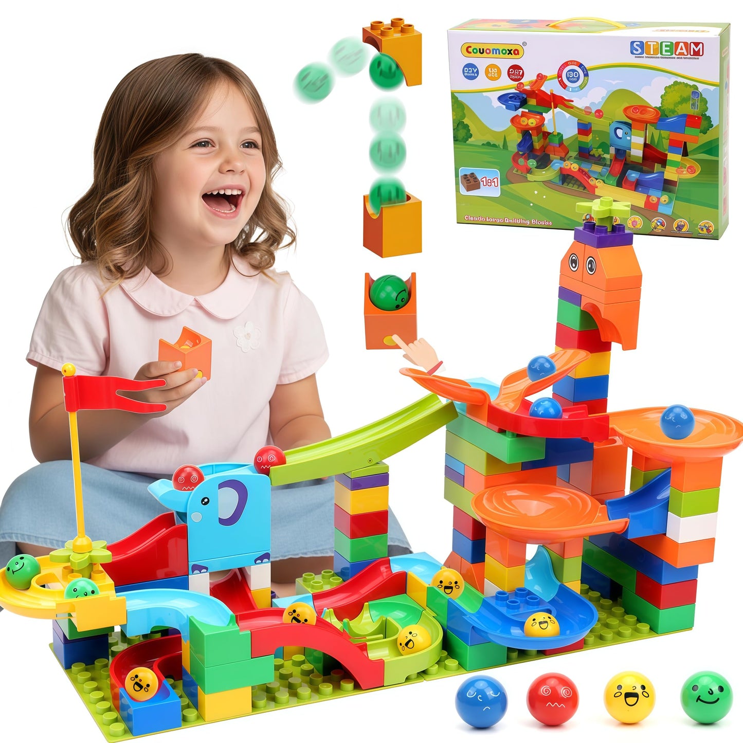 COUOMOXA 130 Pcs Launch Marble Run Building Blocks Classic Big Blocks STEM Toys Bricks Set Kids Race Track Compatible with All Major Brands Montessori Learn Resource Gift for Boys Girls Toddler Age 3+