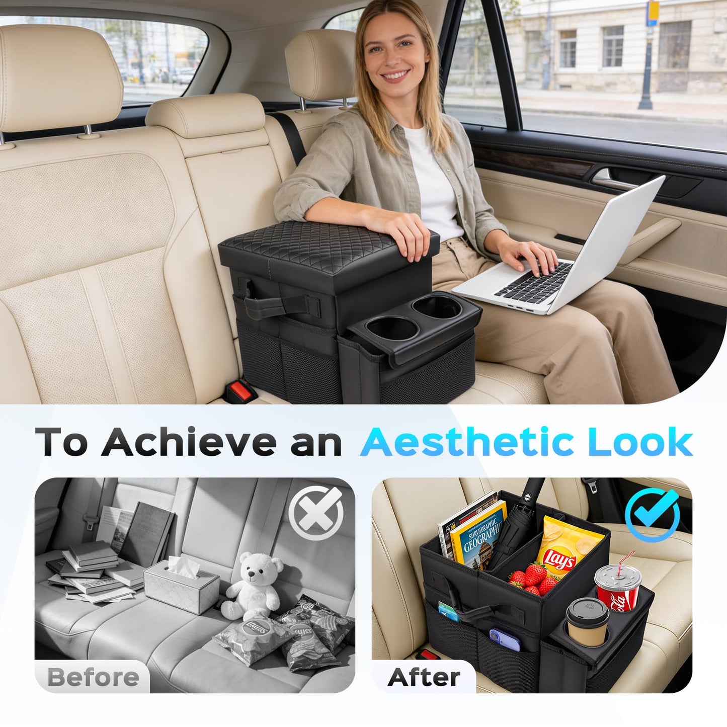 Foldable Bench Seat Center Console, Car Armrest Organizer Box with 2 Large Cup Holders & Massive Storage, Universal Portable Trunk Console Arm Rest for Car/Truck/Van/SUV Rear Organizers Back Seat