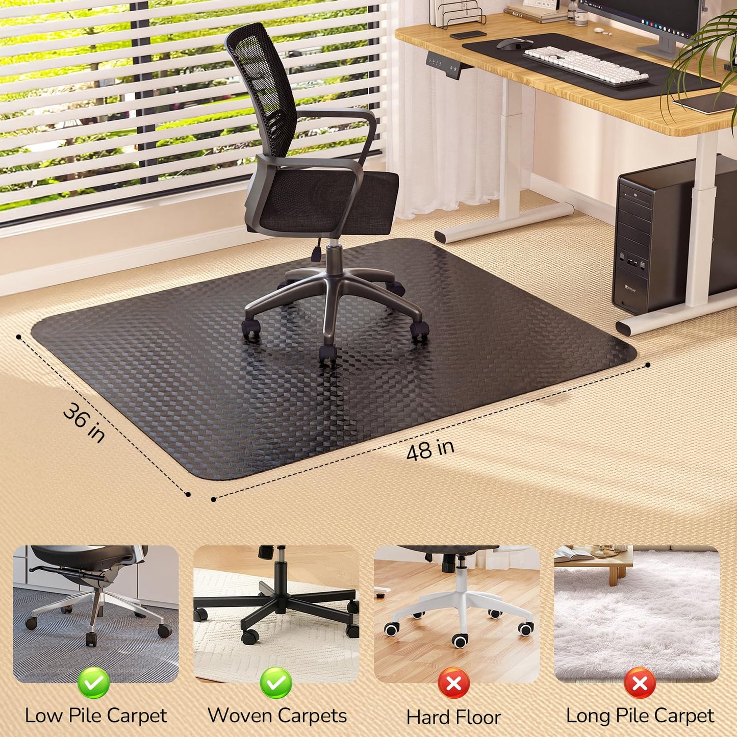 Office Chair Mat for Low Pile Carpet with Lip, 36" x 48" Clear Plastic Heavy Duty Floor Protector, Smooth Glide Desk Chair Mat for Rolling Chairs, Computer Chair Mat for Home Office，Gaming-Black