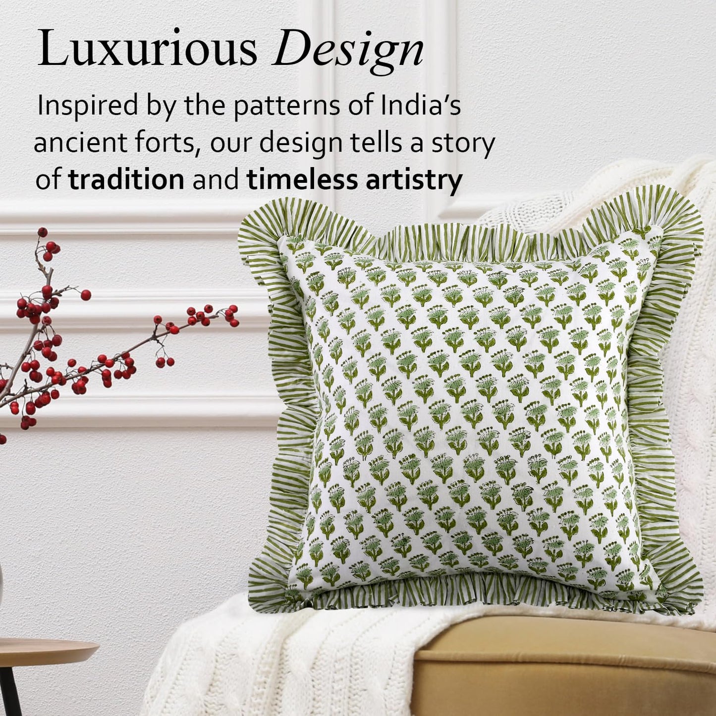 CPC Block Print Ruffle Throw Cover Emerald Green 20"x20" Inch Pack of 2-100% Cotton Ruffle Couch Decorative Boho Pillows Case for Living Room, Bedroom, Sofa, Farmhouse Gift for Spring, Mother's Day