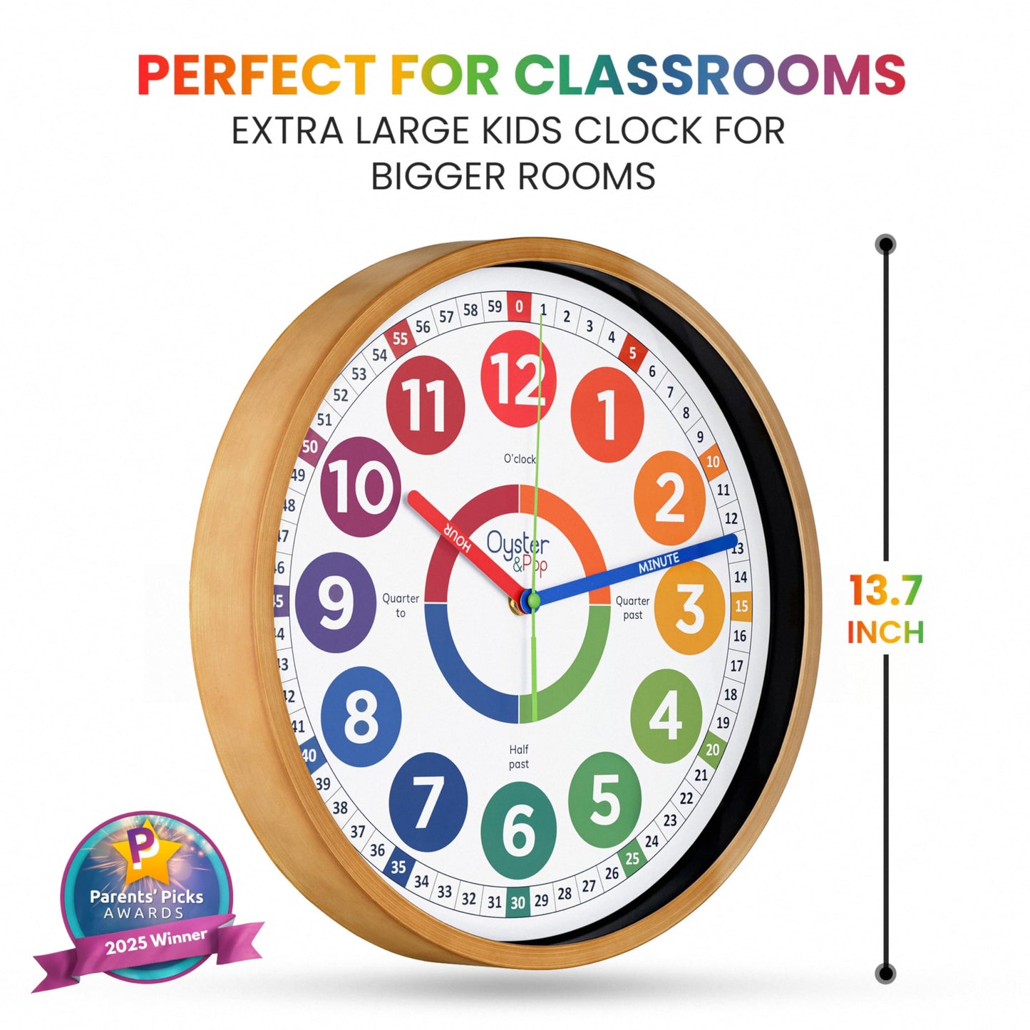 Oyster&Pop Kids Clock - Silent 14" Analog Learning Wall Clocks - Award-Winning Telling Time Teaching Clock for Kids - Large for Classrooms Homeschool & Bedrooms - Includes eBook