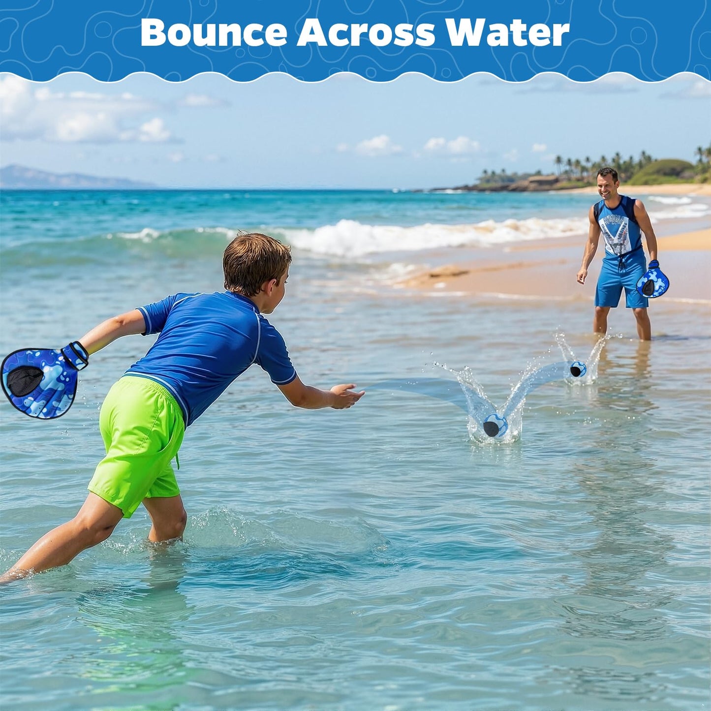 Ayeboovi Water Ball and Gloves Set for Pool Toys & Beach Games, Baseball Style Glove for Catching Bouncing Balls, Water Skipping Ball for Summer Family Game Adult Teen & Kids Ages 8+, Blue