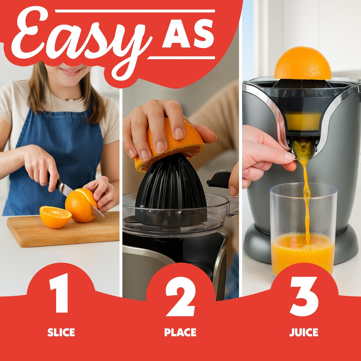 Gourmia Citrus Juicer - Automatic Juicer with 17 oz Capacity, One-Touch Operation, Universal Cone, Anti-Drip Spout, Dishwasher-Safe Accessories, Compact Quiet 60W Motor