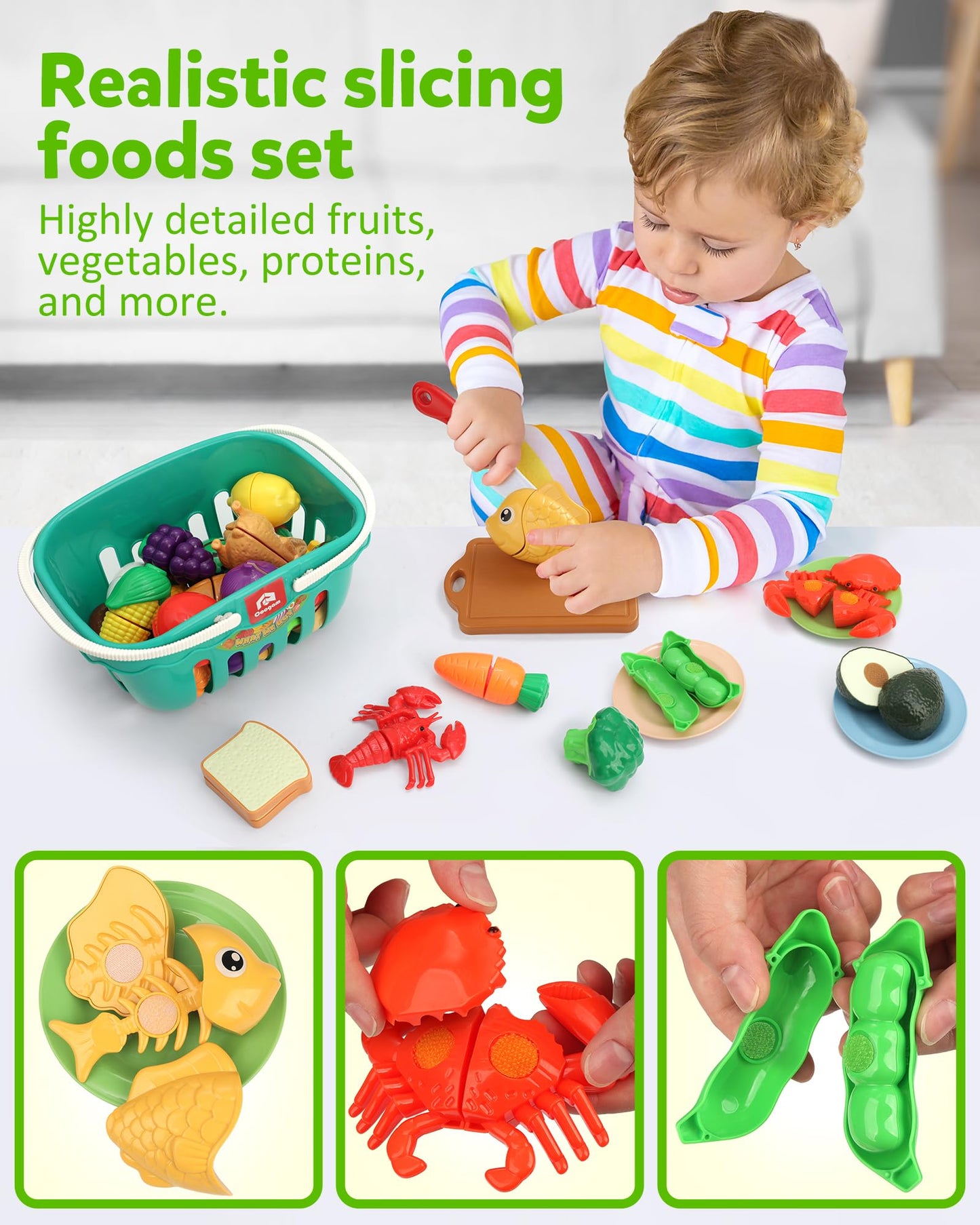 Coogam Pretend Play Food Set for Kids, Fake Fruits Meats Vegetables Balanced Meal Mixing and Cutting Toy, Play Kitchen Accessories with Shopping List, Educational Toy for 3 4 5 Years Old Kids