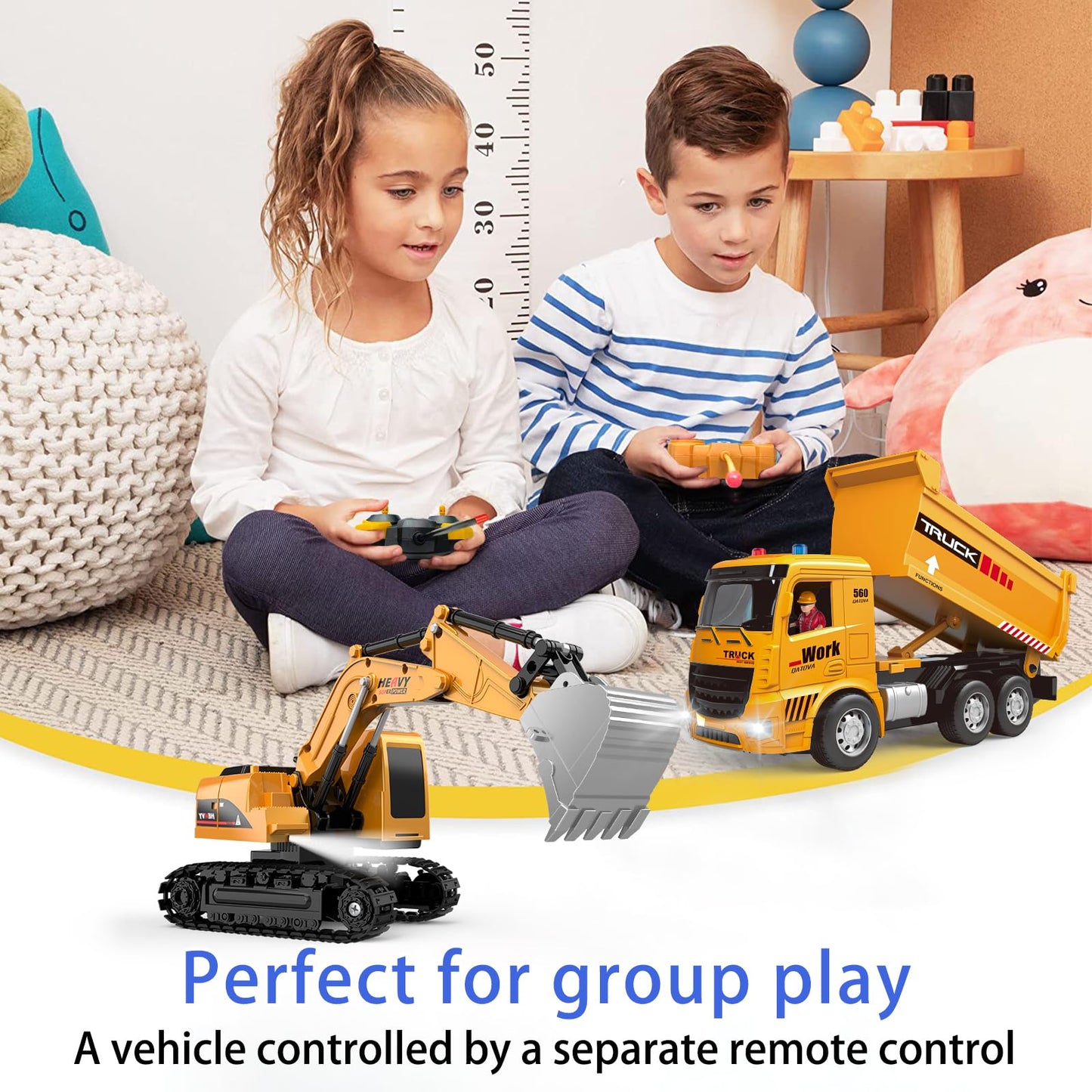 MQDMINI Remote Control Excavator and Dump Truck Toy Set - RC Construction Vehicles Toy with Barricades, Road Signs, Simulated Rocks, Lights and Sounds, Present for Toddlers 3-12 Year Boys Girls