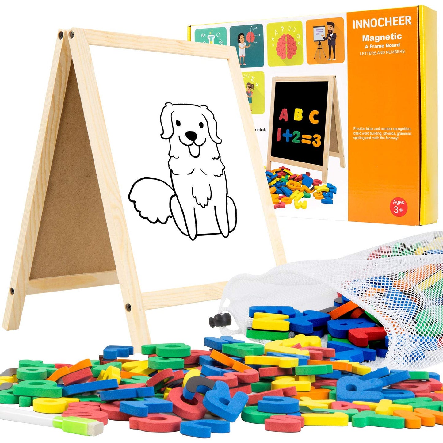 INNOCHEER Magnetic Letters and Numbers with Easel for Kids - 133 Pieces Alphabet Magnets, Educational Dry Erase Board - Whiteboard & Chalkboard for Toddlers Writing & Drawing