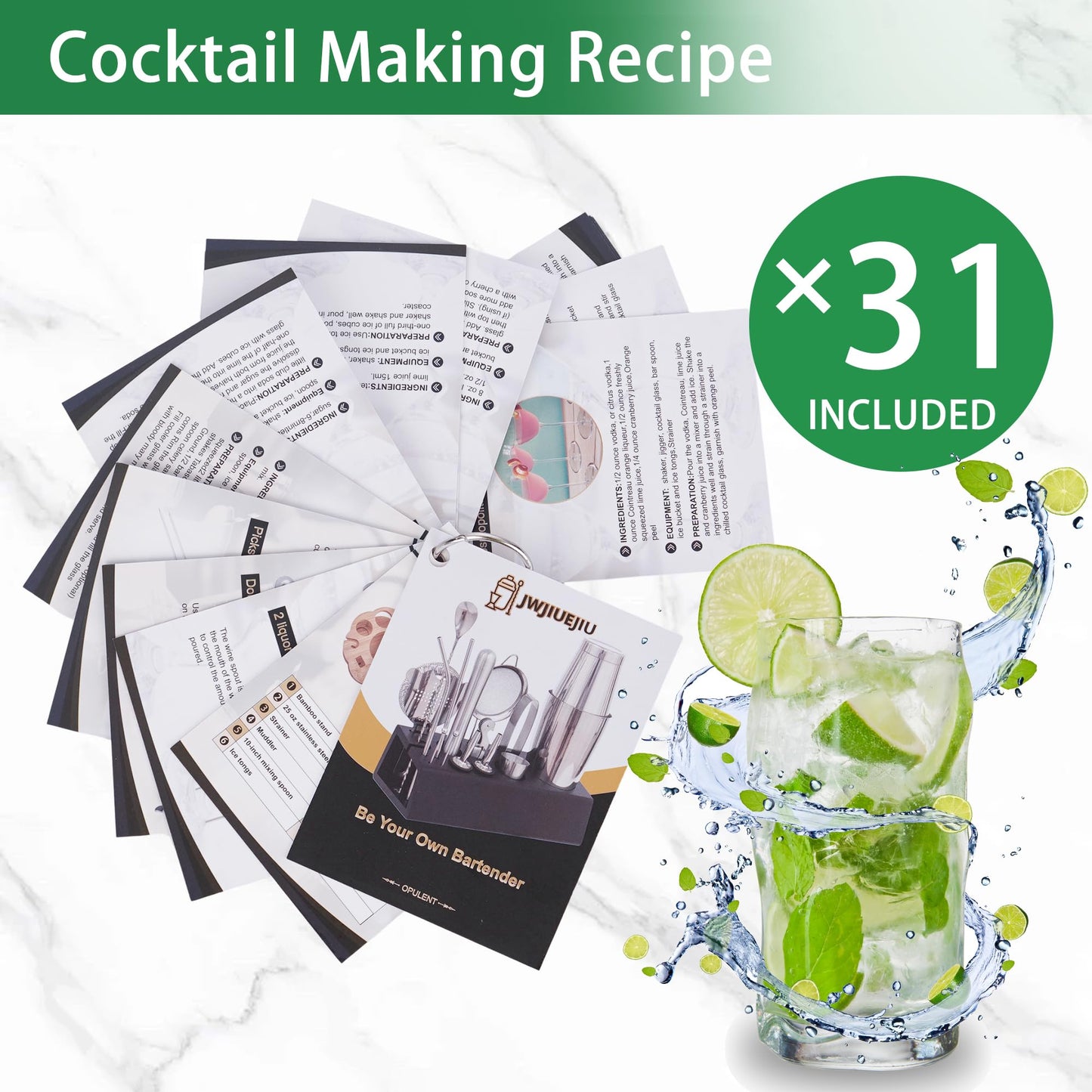 JWJIUEJIU Cocktail Shaker Set, 15-Piece Boston Shaker Bartender Kit, Bar Set Accessories, Professional Bartending Kit Home Black Bar Tools Set with Recipes Booklet (Matte Black, Wood Stand)