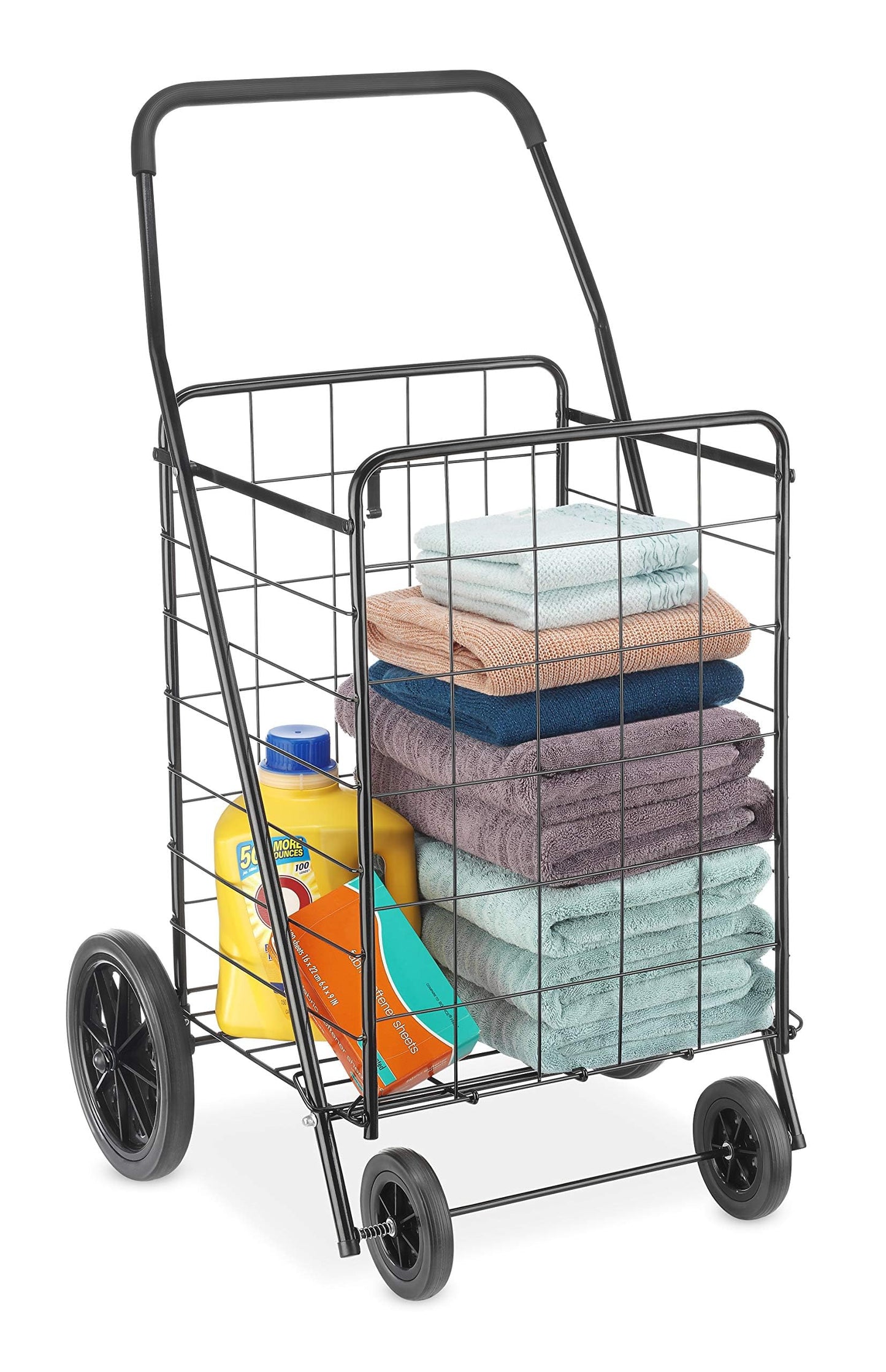 Whitmor Extra Large Utility Foldable Shopping Cart with Wheels, 100 Lb Capacity, Heavy Duty Grocery Cart with Steel Frame, Foam Handle, Rolling Collapsible Utility Trolley for Grocery, Laundry, Black