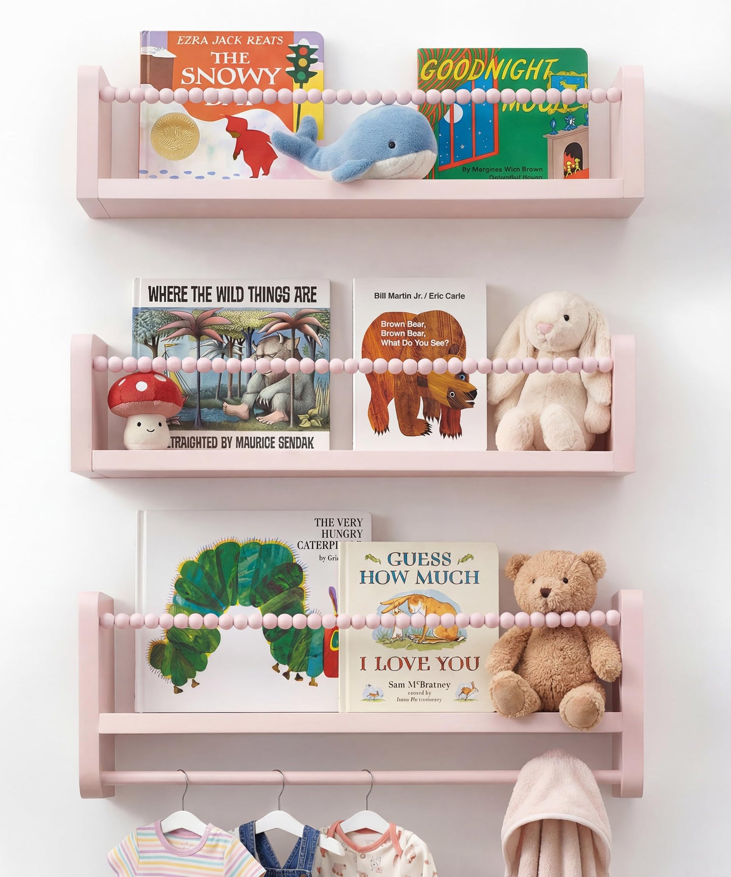 Mazjoaru Nursery Book Shelves for Wall Set of 3, Pink Natural Wood Bookshelf Wall Decor, Small Floating Shelf Organizer for Kids Room, Bedroom, Kitchen Spice Rack