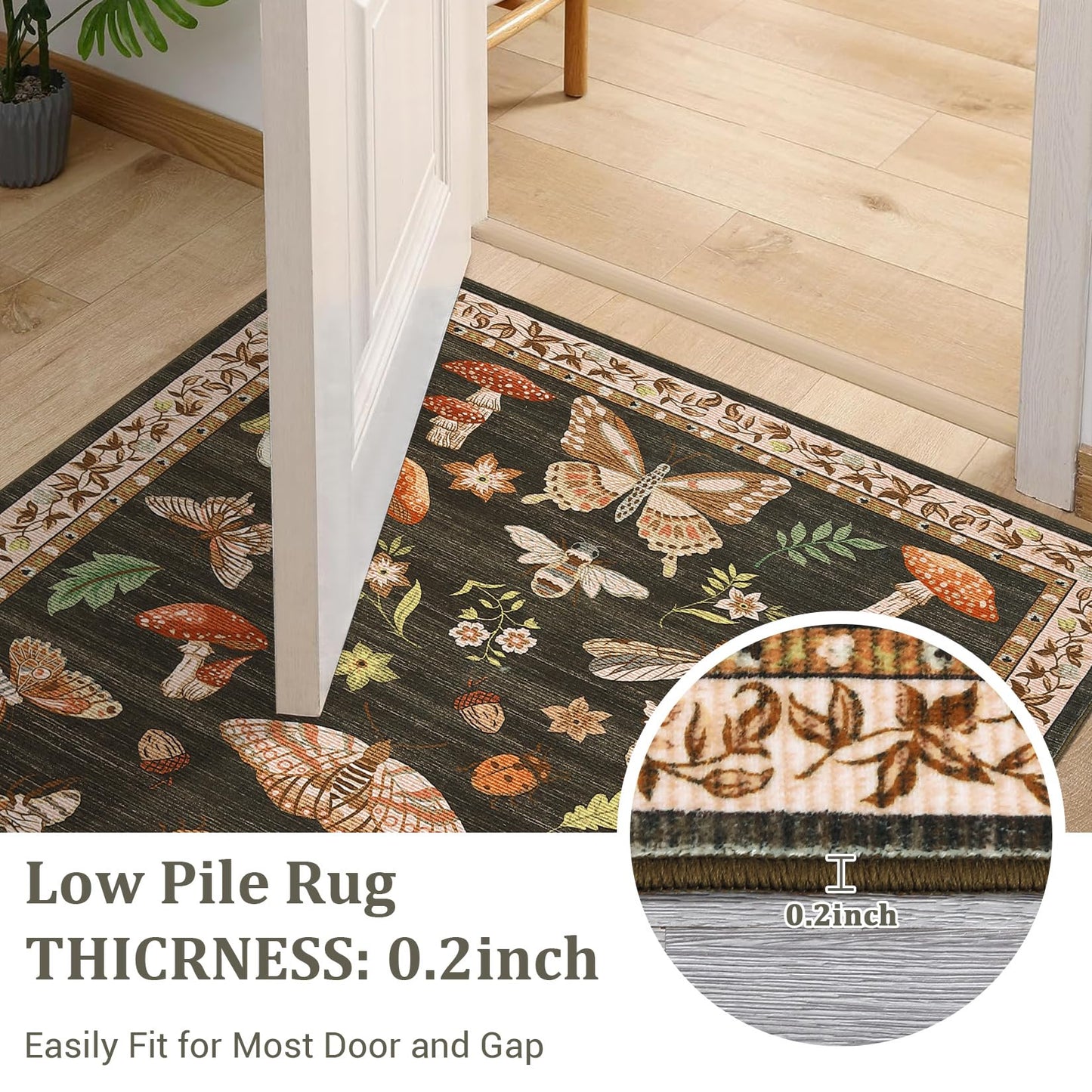ROYHOME Mushroom Washable Rug 5x7 Area Rugs for Living Room, Insect Print Rug for Bedroom, Non Slip Throw Carpet with Rubber Back, Soft Low Pile Dining Room, Brown