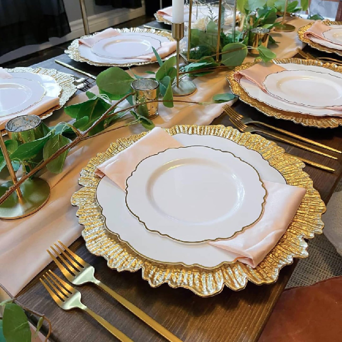 WUWEOT 12 Pack 13" Gold Charger Plates, Plate Chargers with Flora Reef Design, Plastic Round Ruffled Rim Dinner Charger Plates for Dinner Wedding Party Decoration
