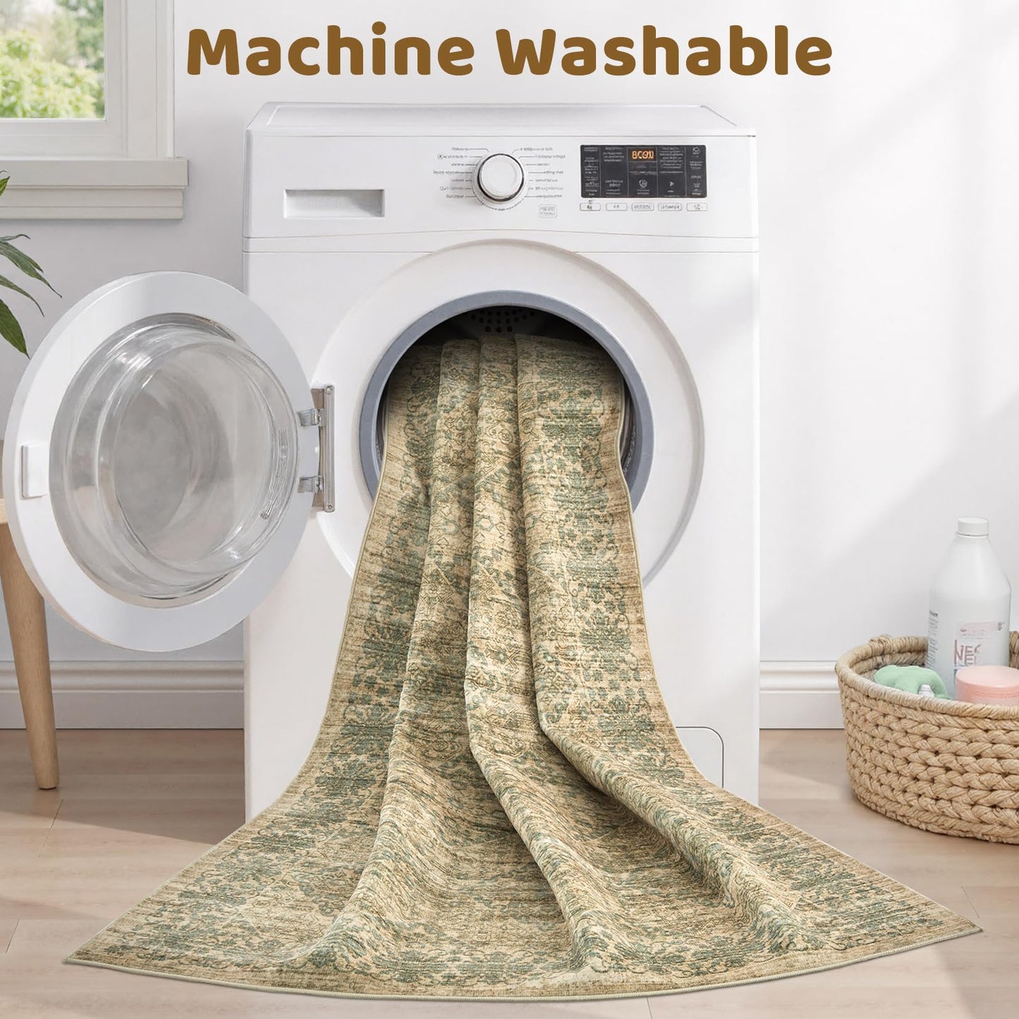 10x14 Area Rug Living Room: Washable Neutral Vintage Large Rugs Non-Slip Stain Resistant Soft Low Pile Indoor Retro Carpet for Bedroom Dining Room Under Table Office Playroom - Brown