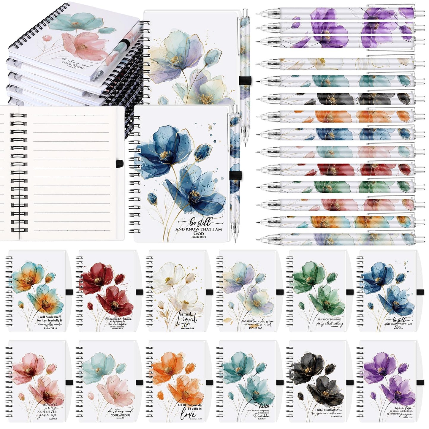 Kosiz 36 Sets Christian Gift Bulk A6 Christian Notebooks with Pens Gift for Fathers Day Inspirational Prayer Journals Spiral Small Bible Notepads for Women Men Church Members (Floral Style)