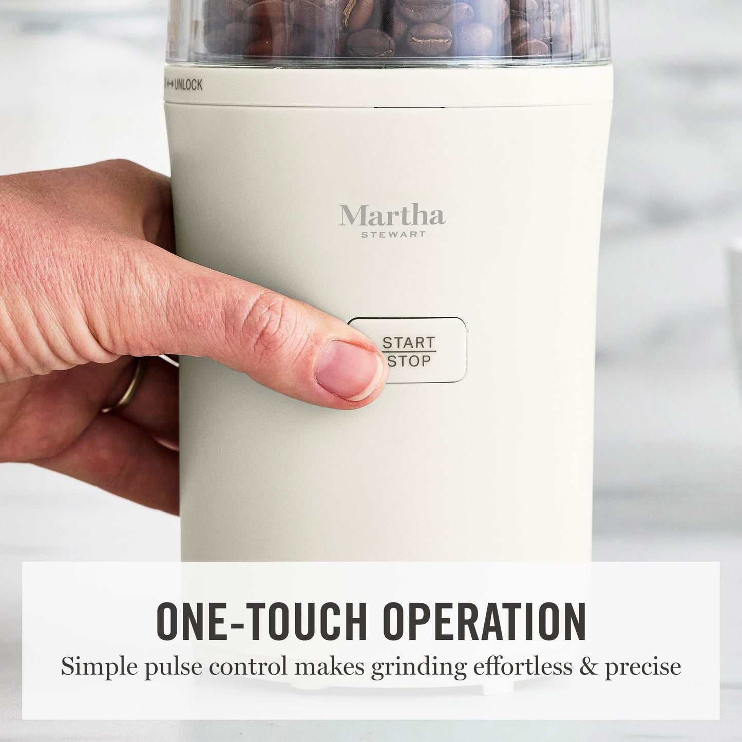 Martha Stewart Electric Coffee & Spice Grinder, Dual 2.5oz Removable Bowls, Storage Lids, Stainless Steel Blades, One Touch Pulse Control, 2-in-1 Compact, Beans & Spices, Herbs & Nuts, Linen Cream