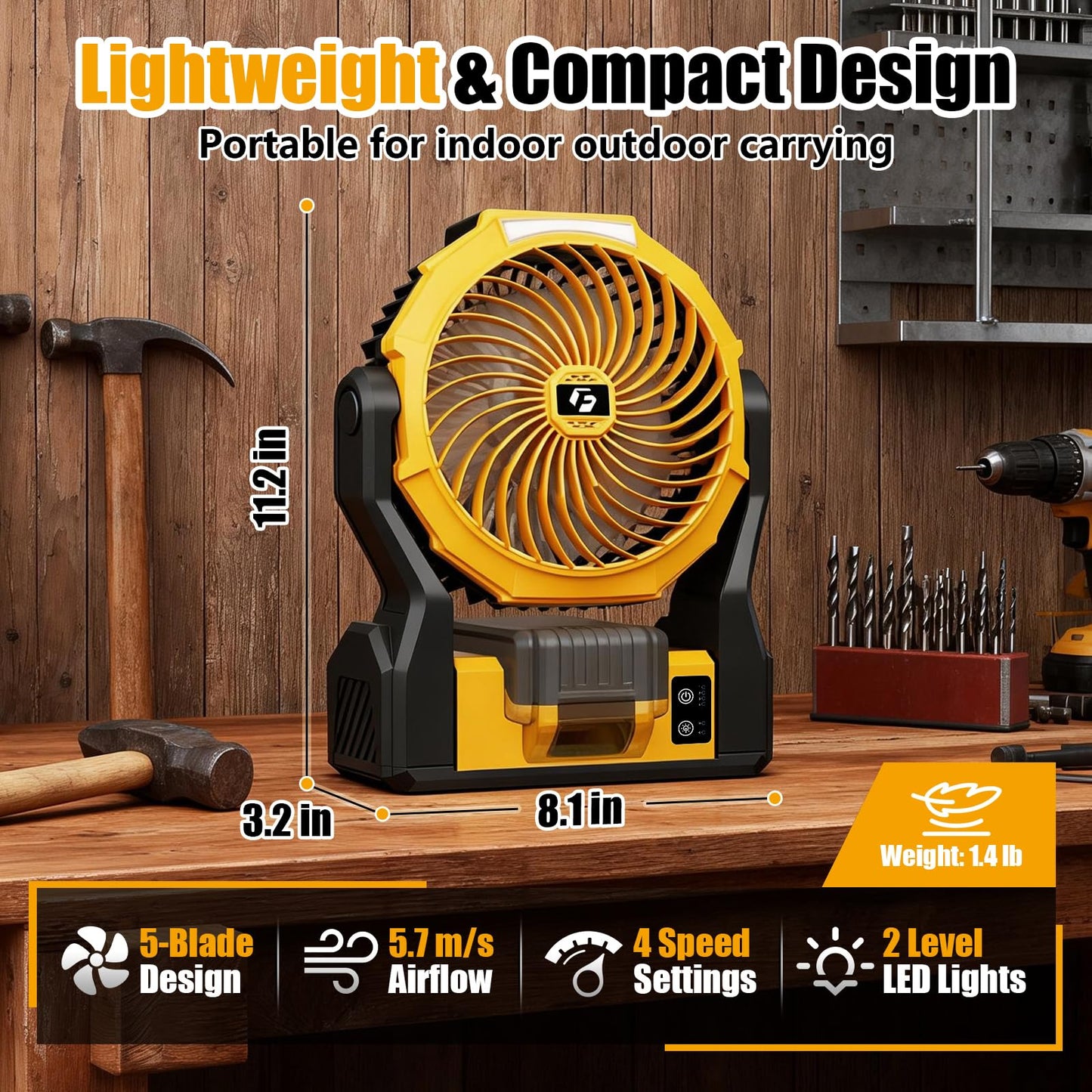 Battery Operated Fan for Dewalt 20V Max Battery, 5.7m/s High Speed Rechargeable Portable Fan with USB Powered & 4 Speed & 2 Light for Camping, Workshop, Garage, Jobsite (Not Included Battery) - Yellow