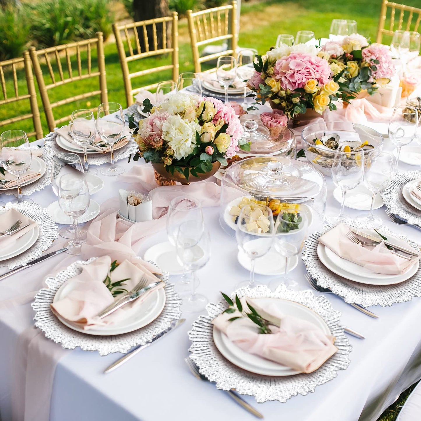 50 Pcs 13 Inch Charger Plates Bulk Plastic Plate Chargers with Floral Reef Design Round Ruffled Rim Dinner Charger Plates for Dinner Wedding Party Event Table Setting Decor (Silver)