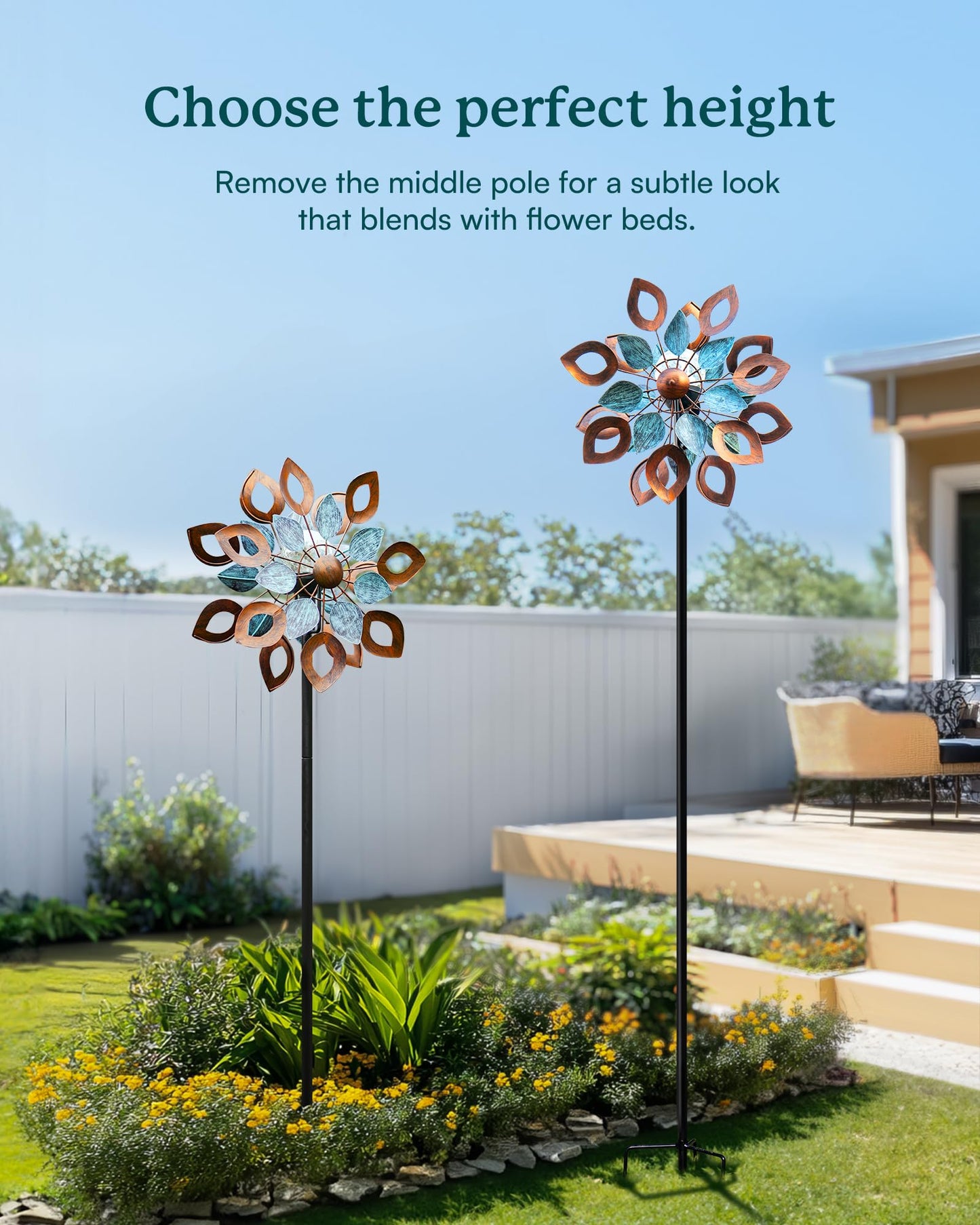 Cyan Oasis Copper Wind Spinners Outdoor 74 Inches with Solar LED Light, Kinetic Dual Wind Sculptures & Spinners for Yard Lawn Garden Decor, Large Metal Clearance Windmill with Bronze Leaf