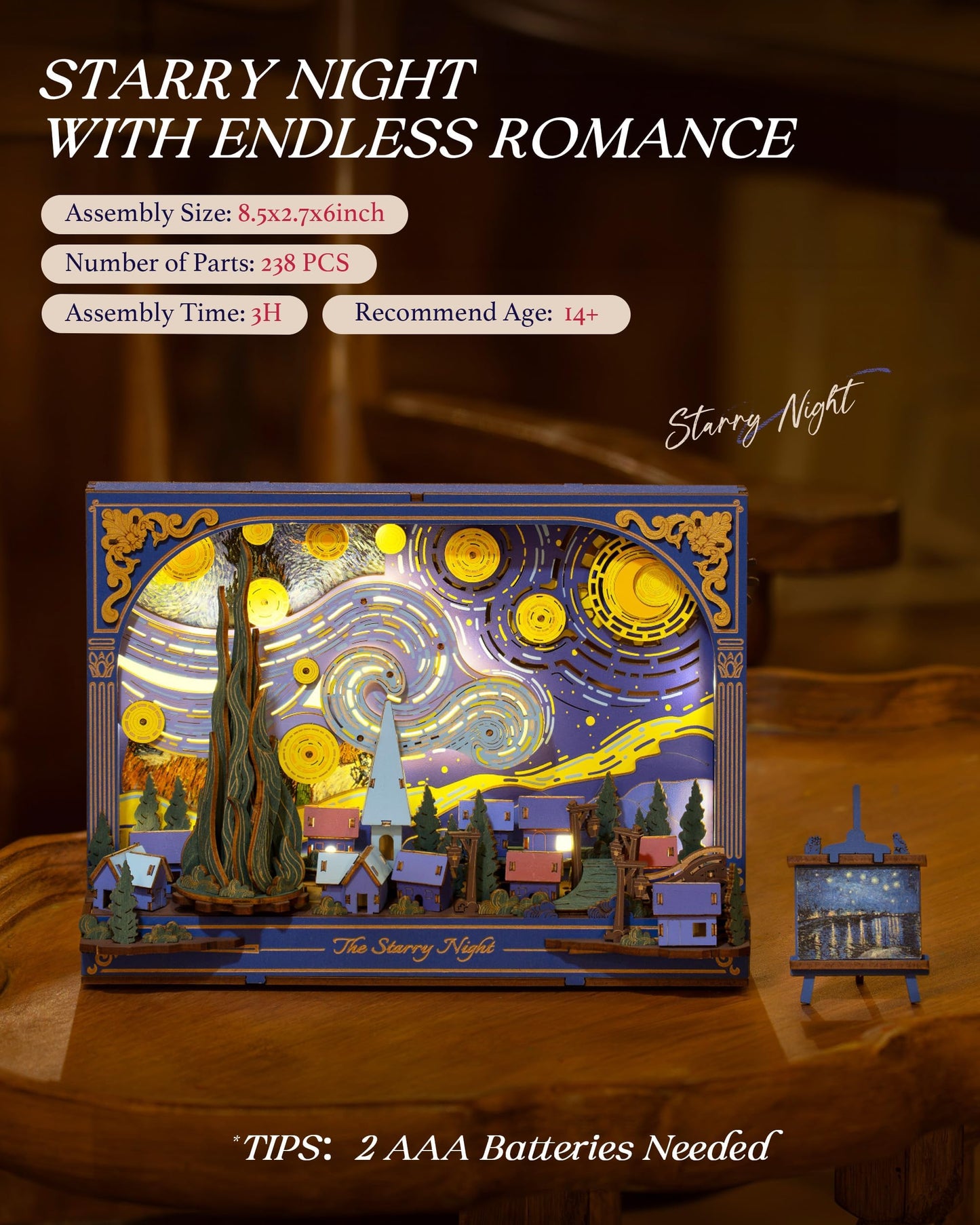 Rowood Starry Night 3D Puzzle Building Set with LED,Wooden Vincent Van Gogh Painting Artwork Craft Kits for Adults,Home Decor Botanical Collection Gift on Christmas