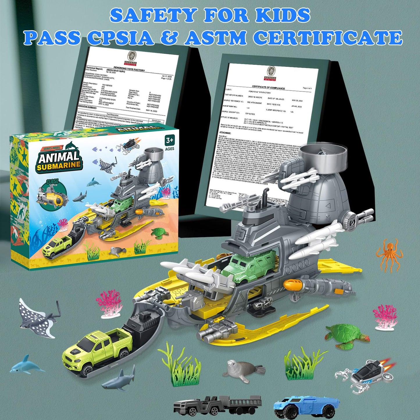 Frontoytall Deep Sea Creatures & Submarine Toy, Ocean Animal Toys with Truck Cars, 23 Piece Educational Playset for Kids Ages 3+ Years Old, Indoor & Outdoor Play, Preschool Learning for Boys Girls