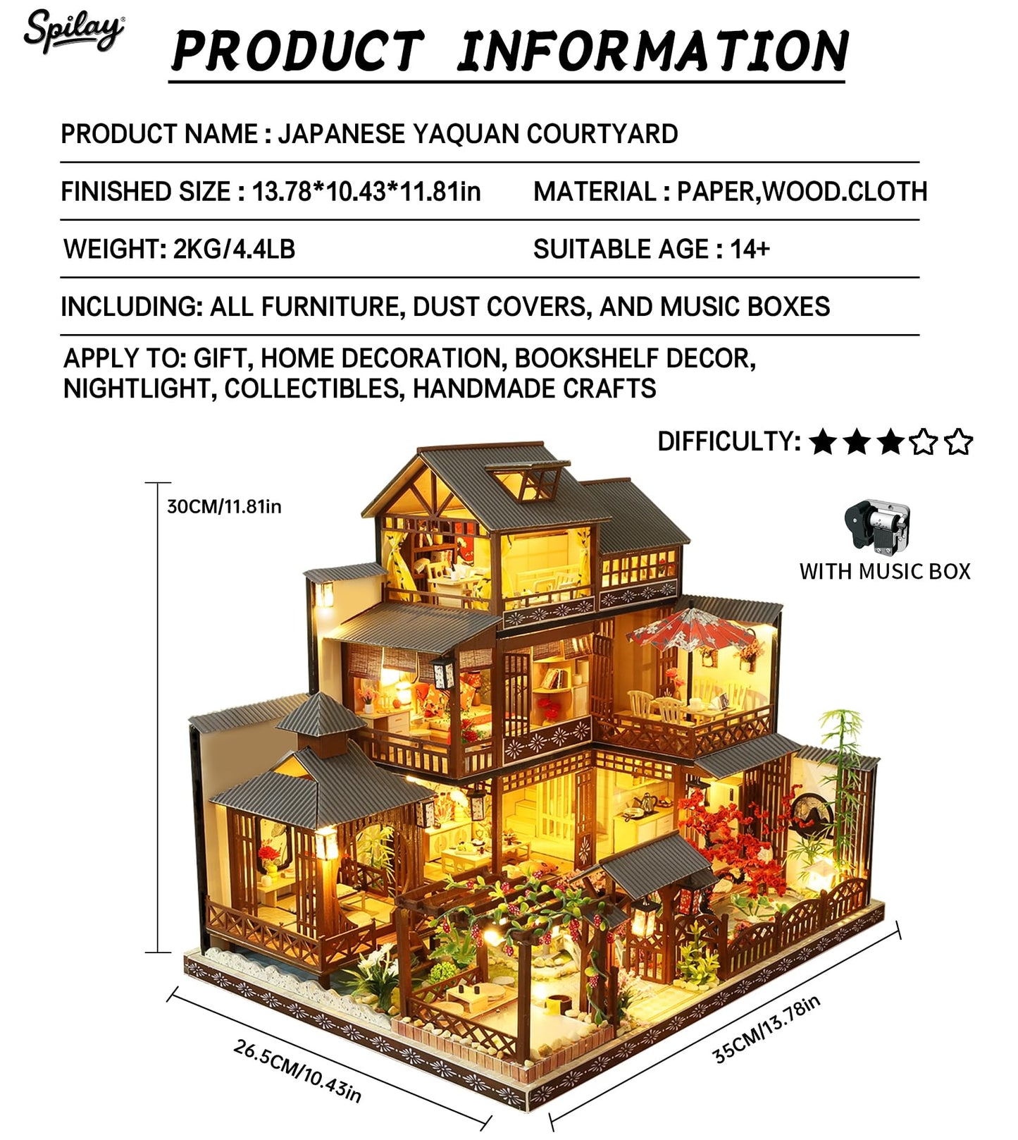Spilay Dollhouse DIY Miniature Wooden Furniture Kit,Mini Handmade Castle Model Plus with LED & Music Box,Creative Doll House Toys for Adult Gift (Fuchun Resort)